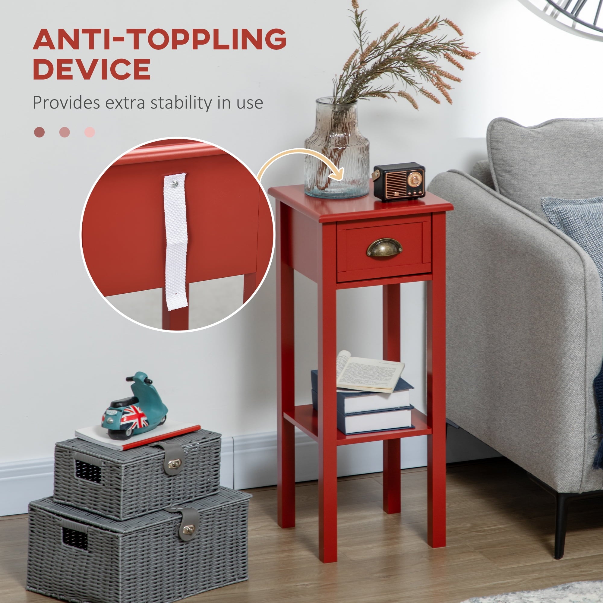 HomCom 30" Elegant Narrow Accent End Bedside Sofa Table with Storage Drawer, Red