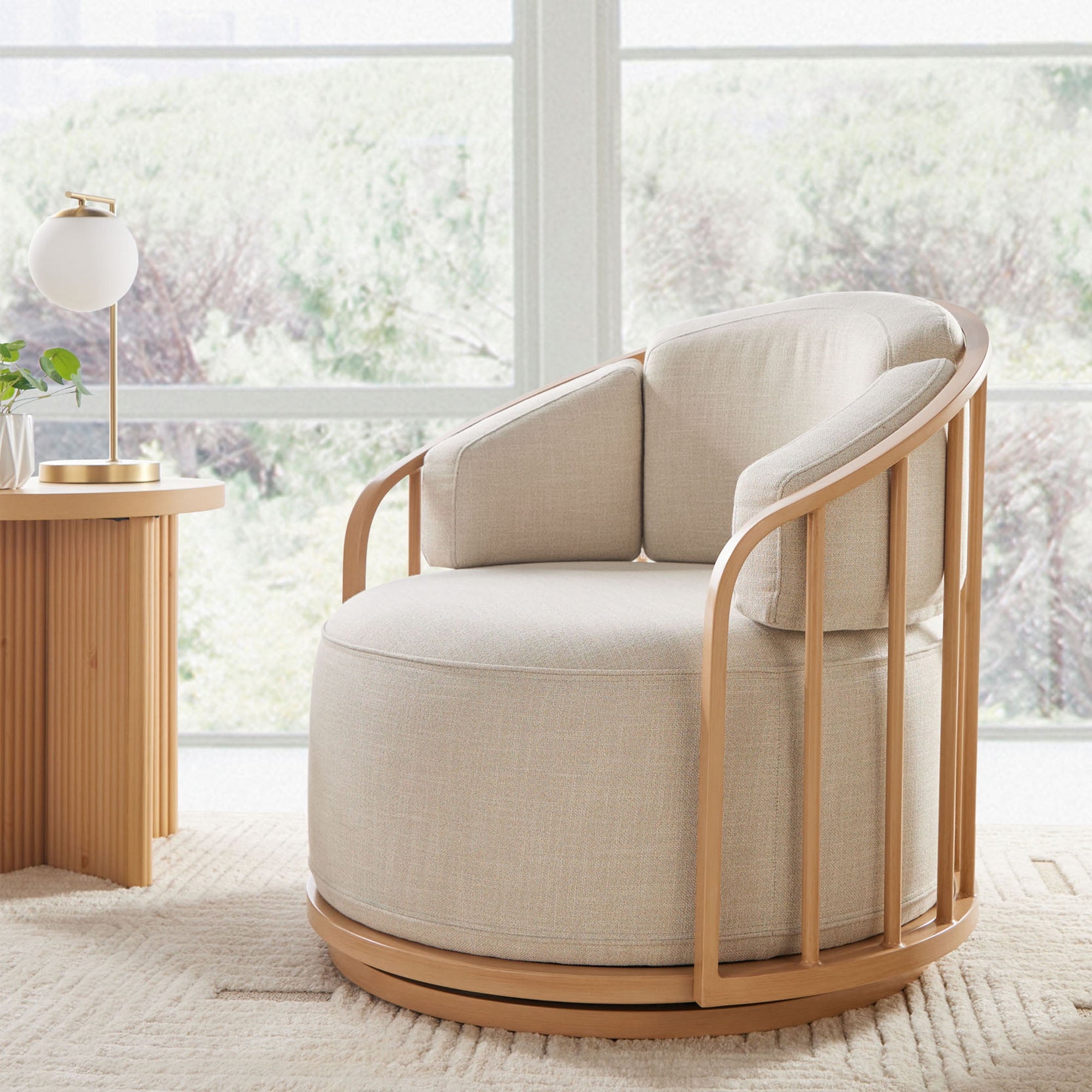 Free Shipping! Better Homes & Gardens Lillian Swivel Birdcage Accent Chair, Cream Linen, Natural Pine Finish