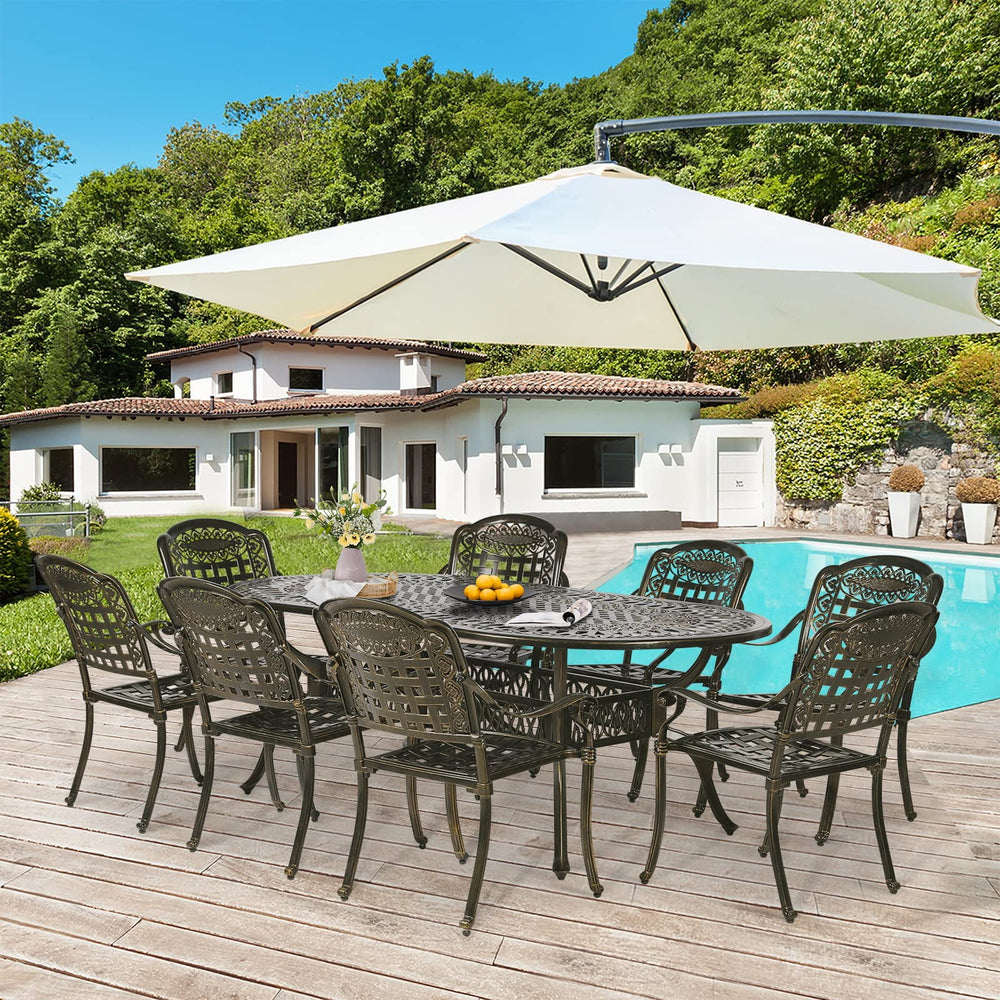 W WARMHOL 9-Piece Patio Dining Set, Outdoor Patio Table and Chair Set of 83.8" Oval Cast Aluminum Dining Table with Umbrella Hole and 8 Outdoor Dining Chairs, Patio Funiture Set for Lawn Garden