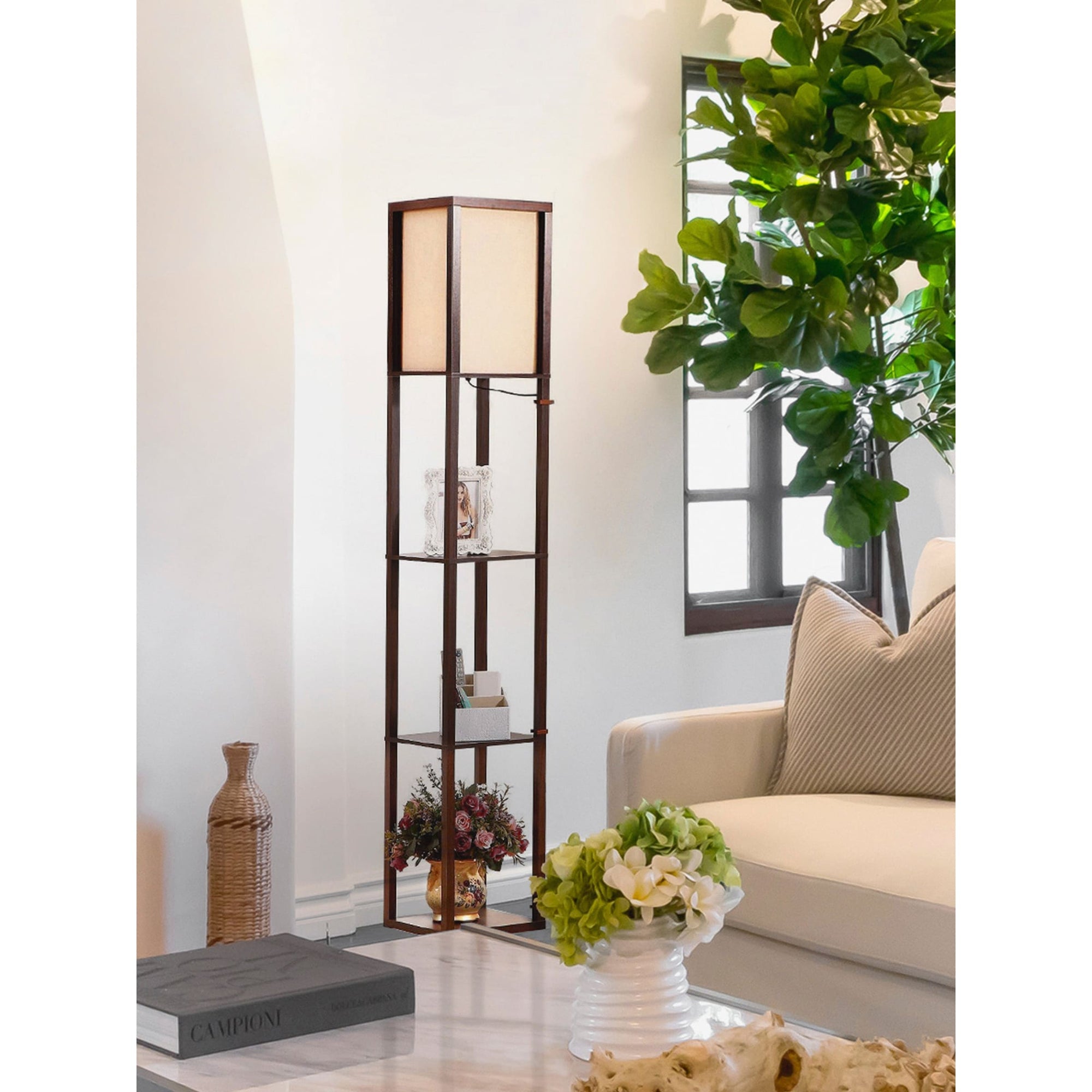 3 - Shelf Floor Lamp with White Fabric Shade - From Where - 
