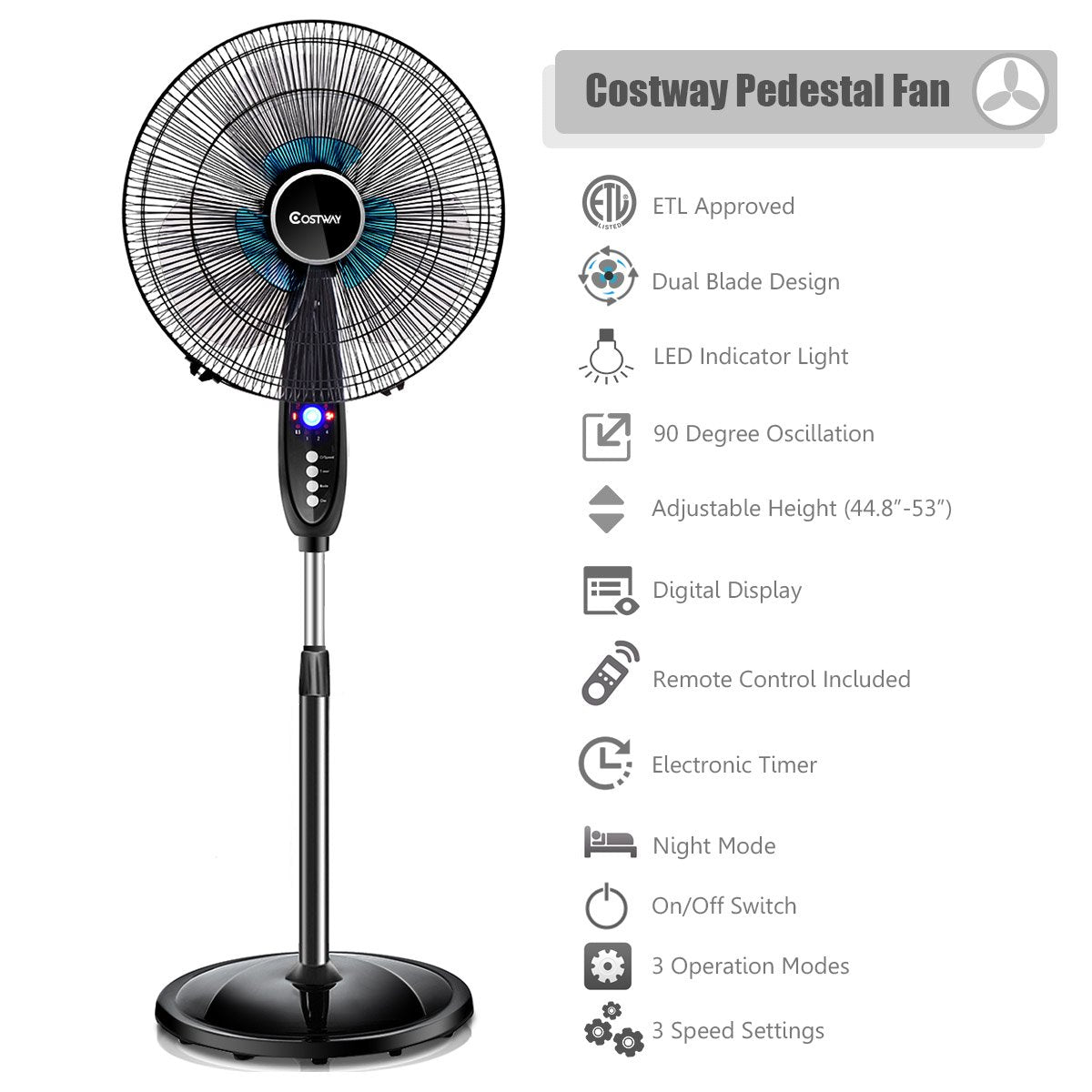3 - Speed Oscillating Standing Fan w/ Timer - From Where - 