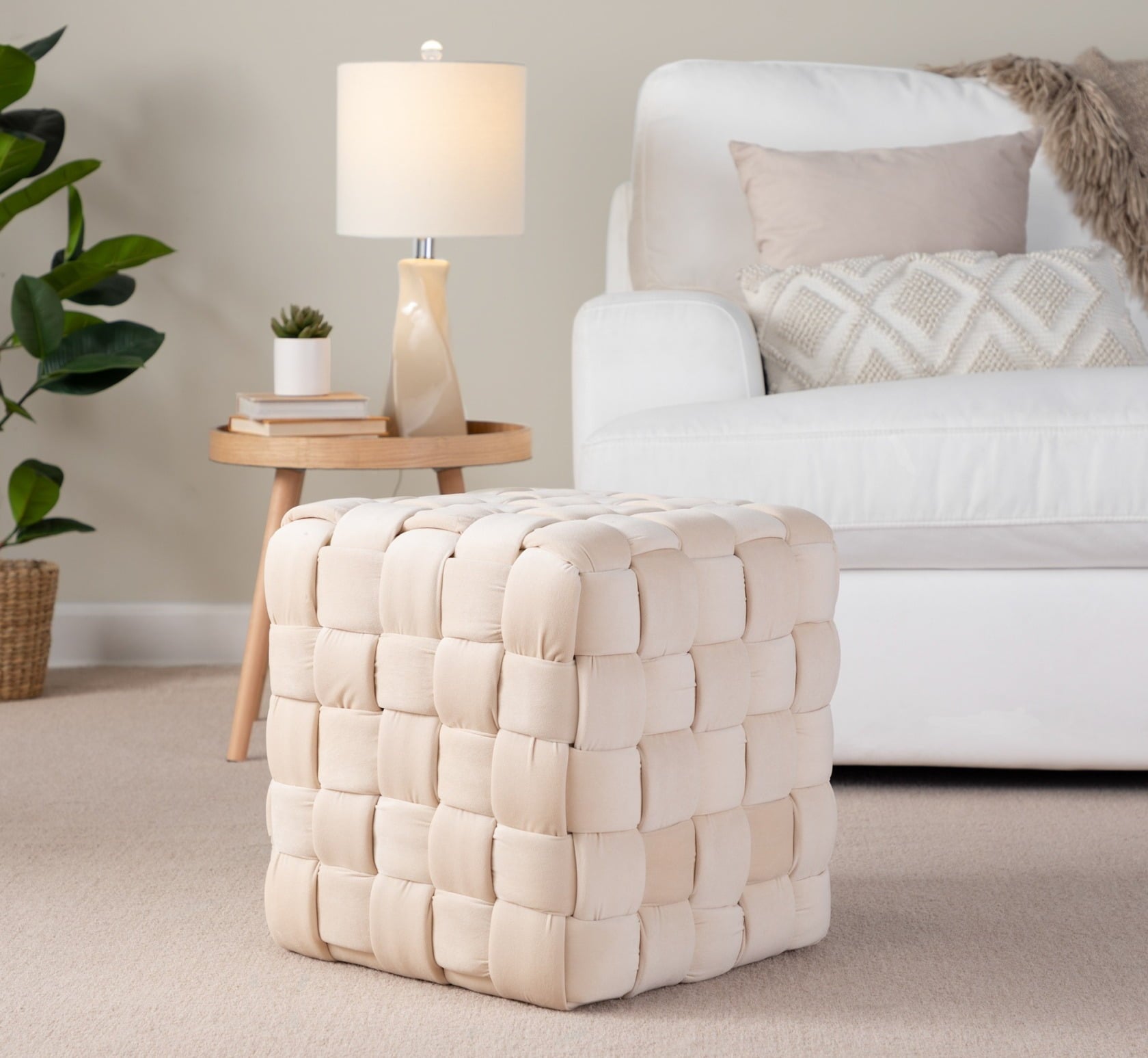 16" Square Ottoman Pouf, Braided Ottoman Pouf, Modern Velvet Footrest Stool for Living Room, Bedroom, Entryway, Cream