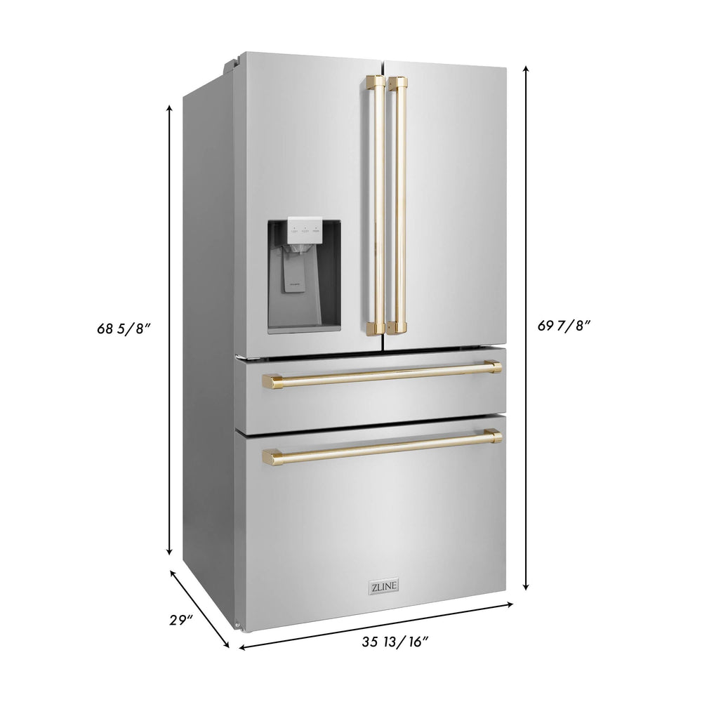 ZLINE 36" Autograph Edition 21.6 cu. ft Freestanding French Door Refrigerator with Water and Ice Dispenser in Fingerprint Resistant Stainless Steel with Gold Accents (RFMZ-36-G)