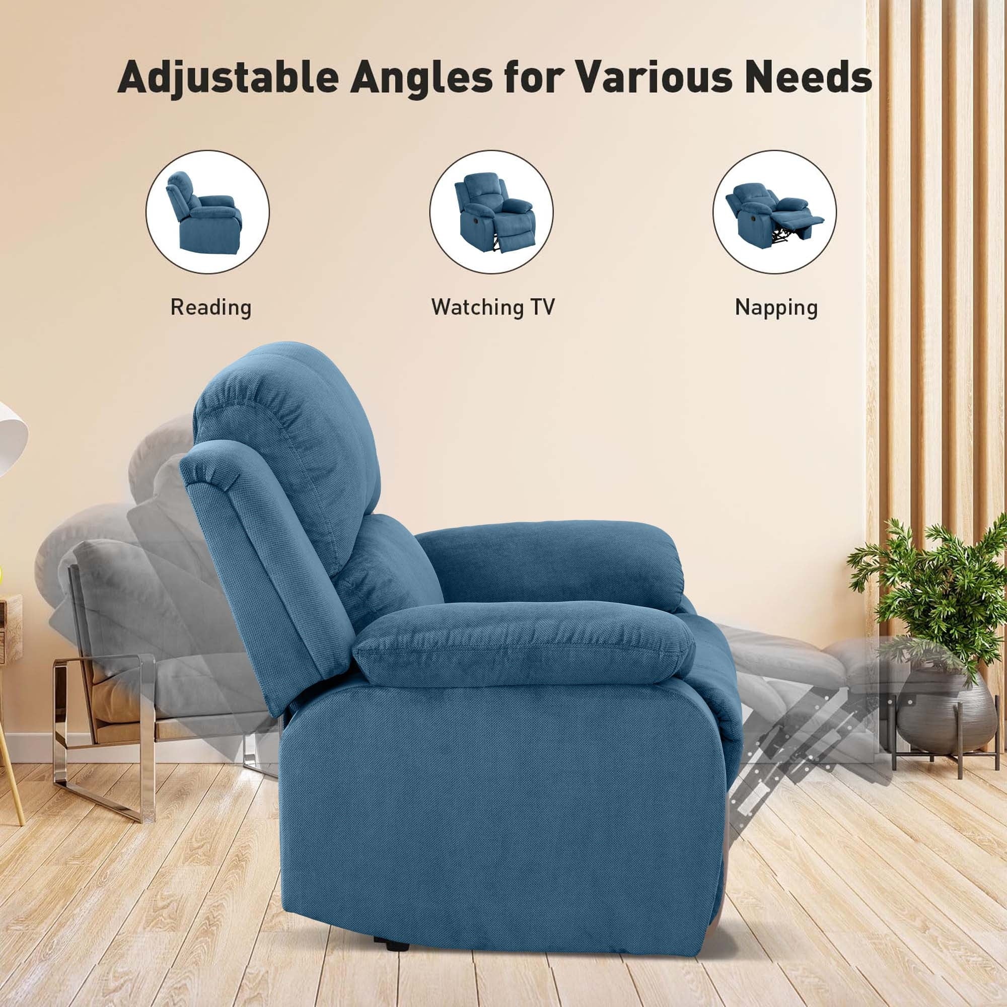 Aukfa Manual Recliner Chair, Overstuffed Single Sofa for Home Office, Flannel, Blue