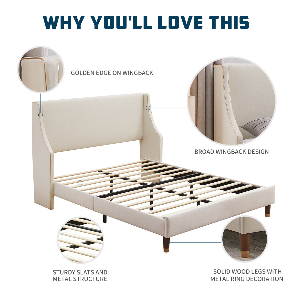 Queen Size Bed Frame, Platform Bed Frame with Upholstered Headboard, Modern Deluxe Wingback, Wood Slat Support, Mattress Foundation
