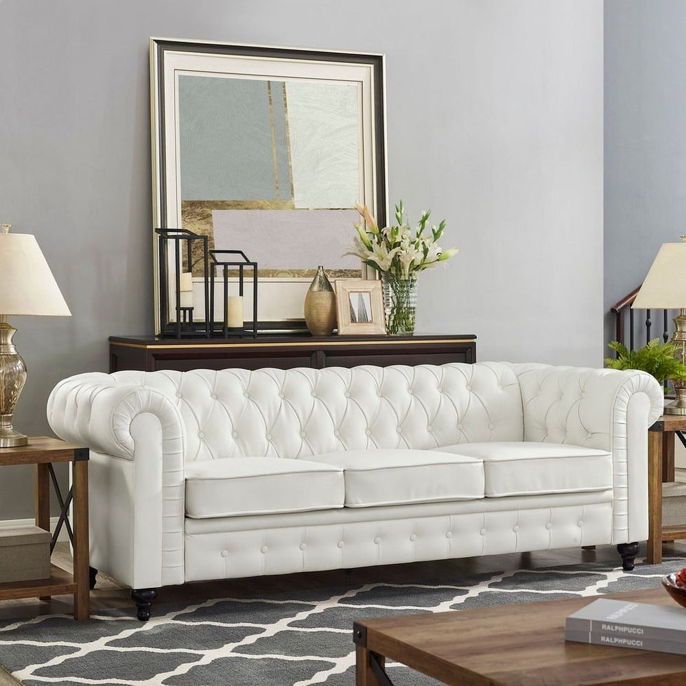 Emery Chesterfield Sofa, Luxurious Comfort for Cozy Living Rooms, Mid-Century Modern couch, Elegance &amp; Serenity, 3-Seater Sofa White,PU