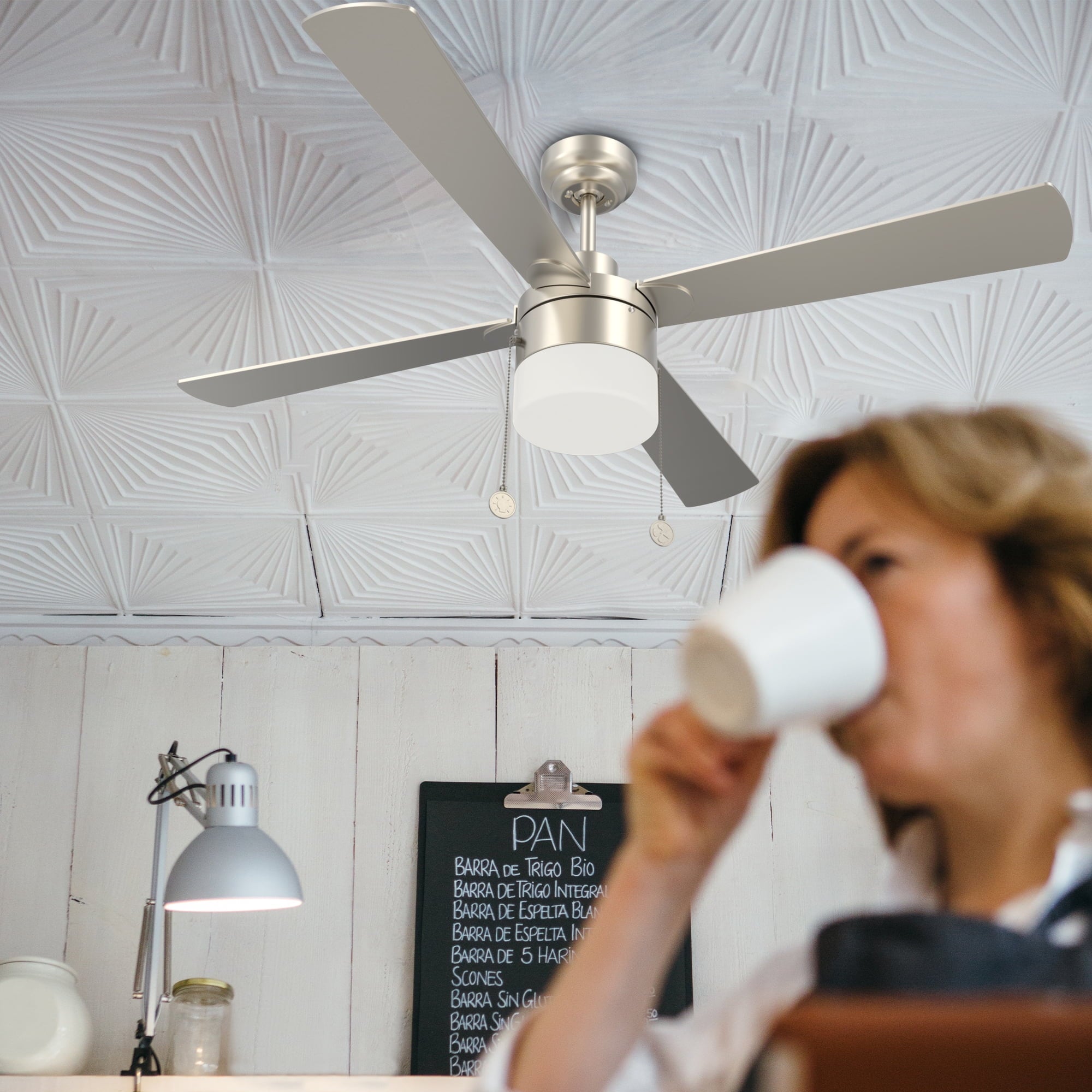 52" 4 Blade Indoor Ceiling Fan with Pull Chain, Light Kit, Silver Finish, and Reversible Motor