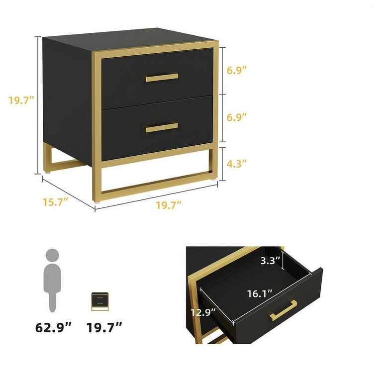 DWVO Modern Nightstand End Side Table with 2 Drawers and Metal Frame for Bedroom Living Room, Black and Gold