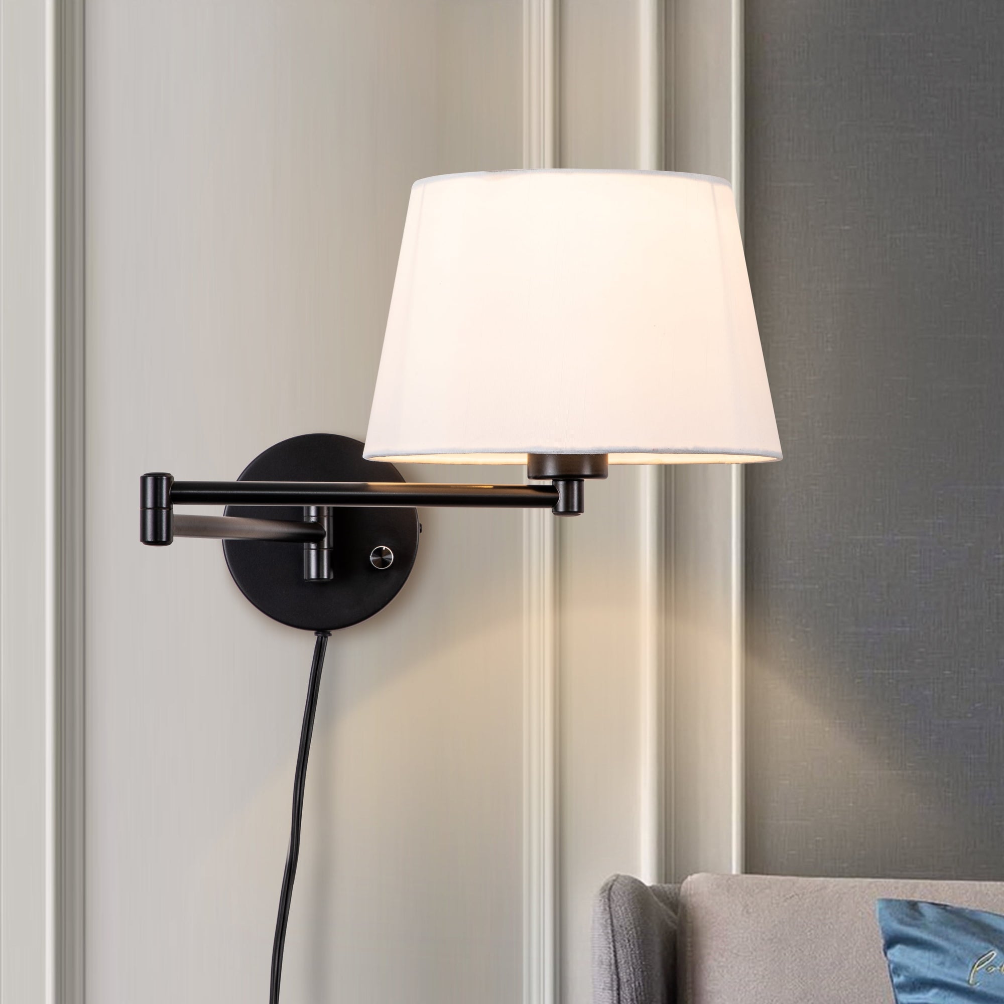 C Cattleya 2-Pack Indoor Wall Light with Linen Shade Black Finish Swing Arm Wall Light Plug-In/Hardwired