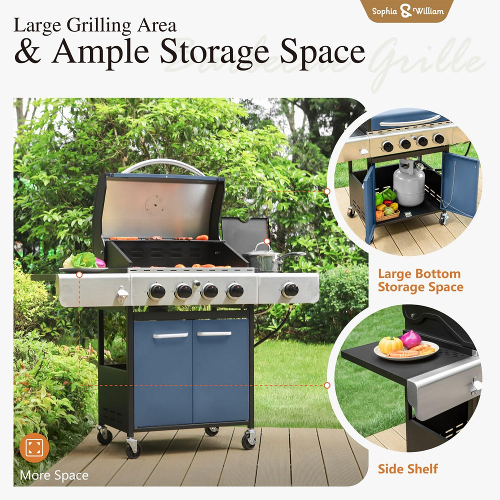 4 - Burner Gas BBQ Grill with Side Burner and Porcelain - Enameled Cast Iron Grates - From Where - 