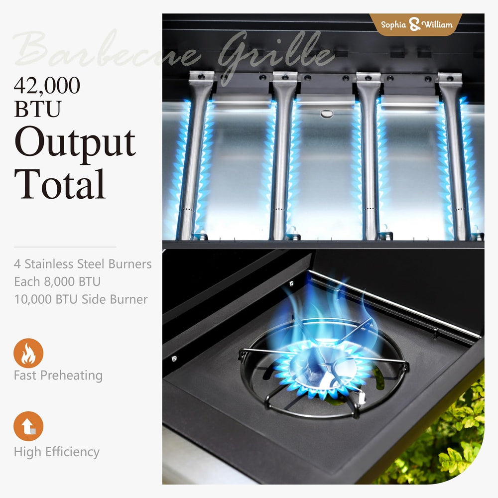 4 - Burner Gas BBQ Grill with Side Burner and Porcelain - Enameled Cast Iron Grates - From Where - 
