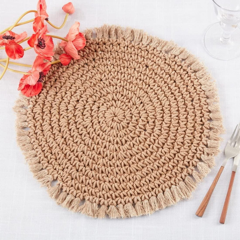 Fennco Styles Boho Macrame Cotton Placemats 15" Round, Set of 2 - Natural Braided Fringe Table Mats for Home, Dining Room, Banquets, Family Gathering and Special Events