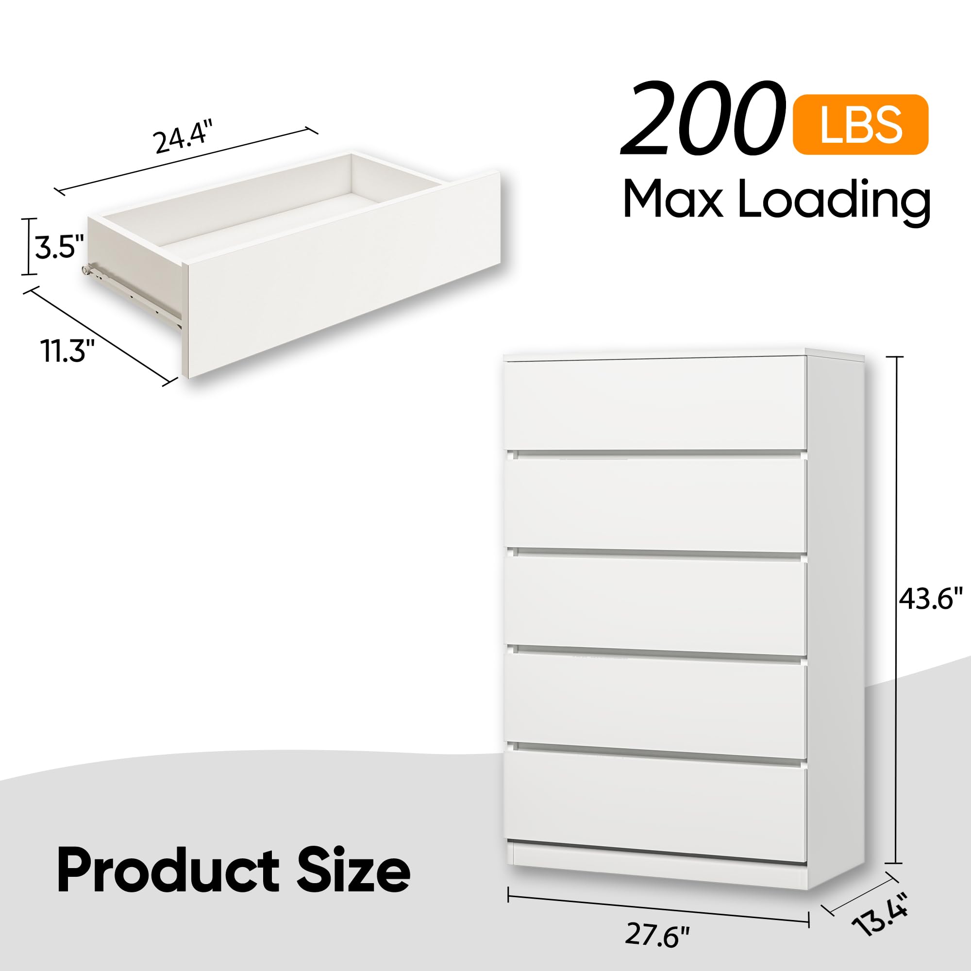 5 Drawer Wooden White Tall Dresser - From Where - 