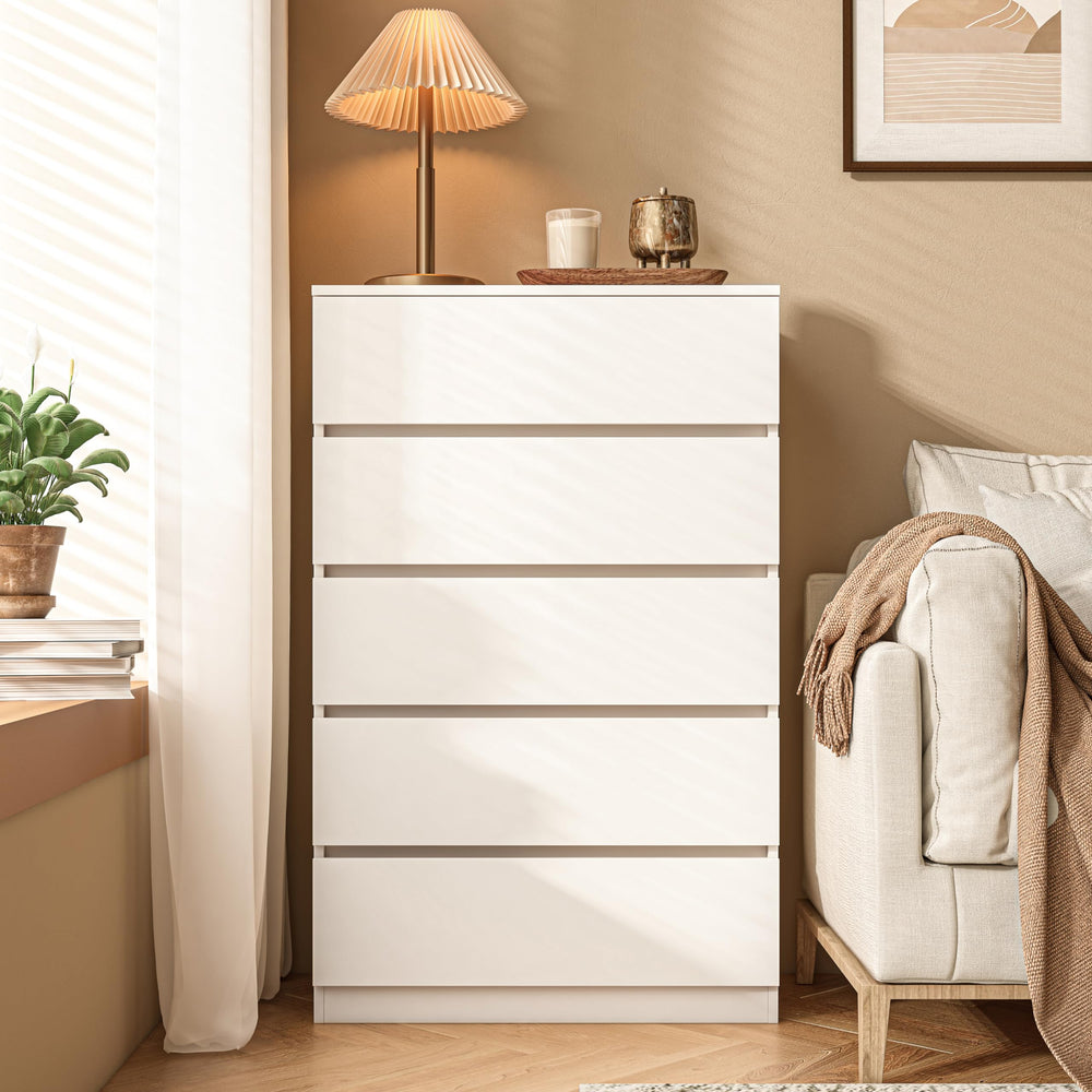 5 Drawer Wooden White Tall Dresser - From Where - 