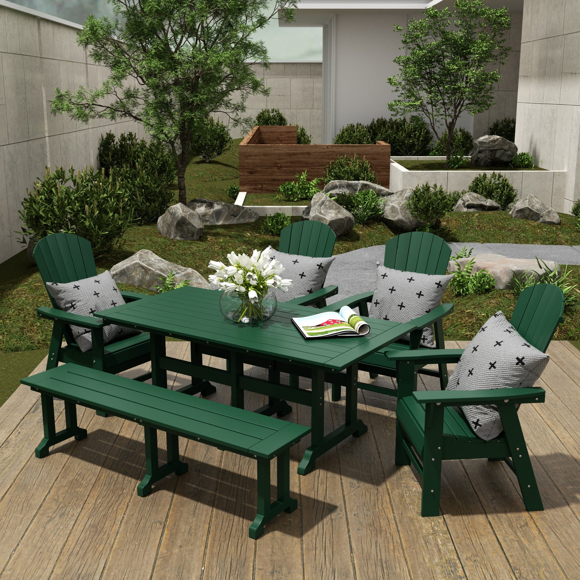 WestinTrends Dylan Adirondack Patio Dining Set for 6, All Weather Poly Lumber Outdoor Table and Chairs Set of 4, 71" Trestle Table and Adirondack Dining Chair with Dining Bench, Dark Green