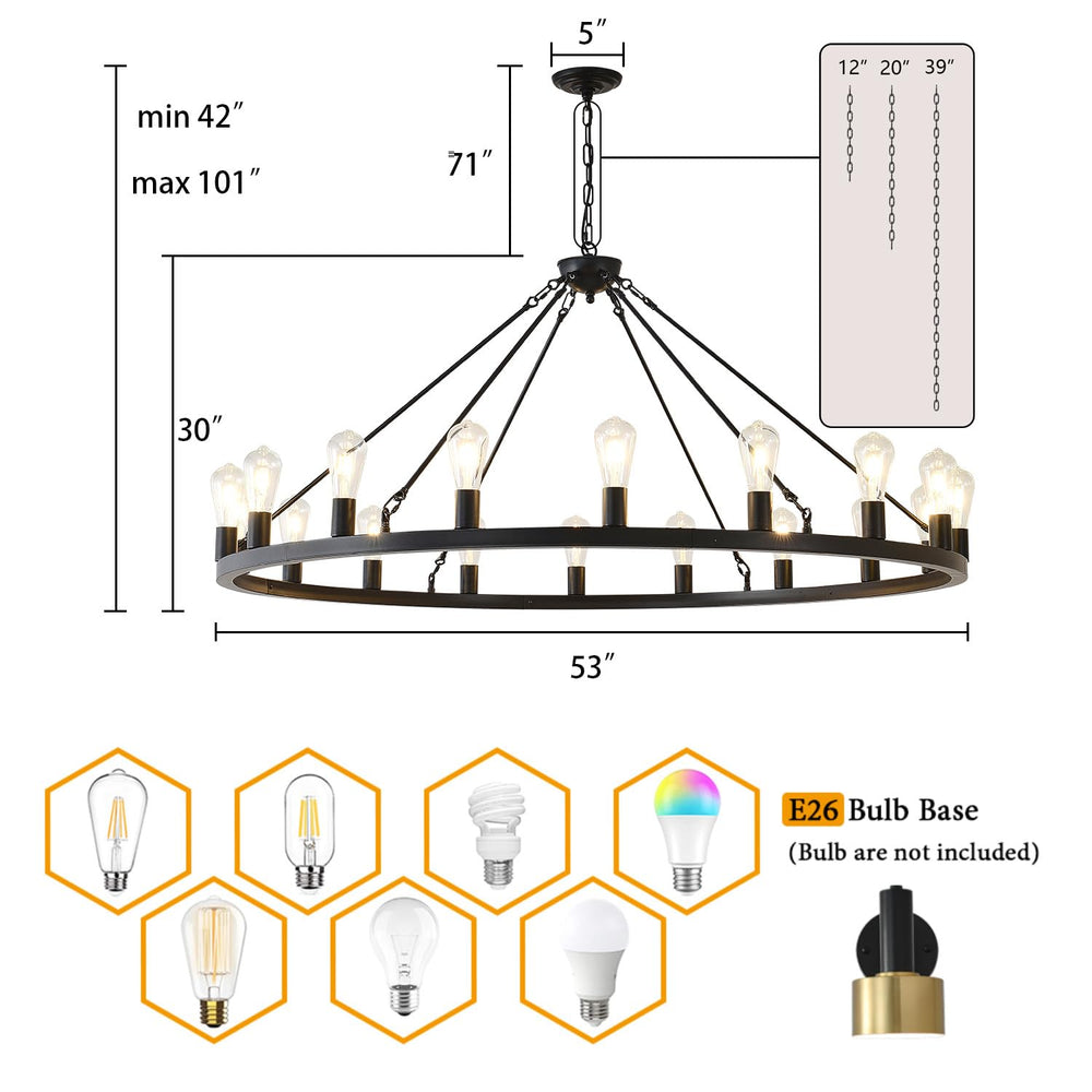 53” Black Large Wagon Wheel Chandelier - From Where - 