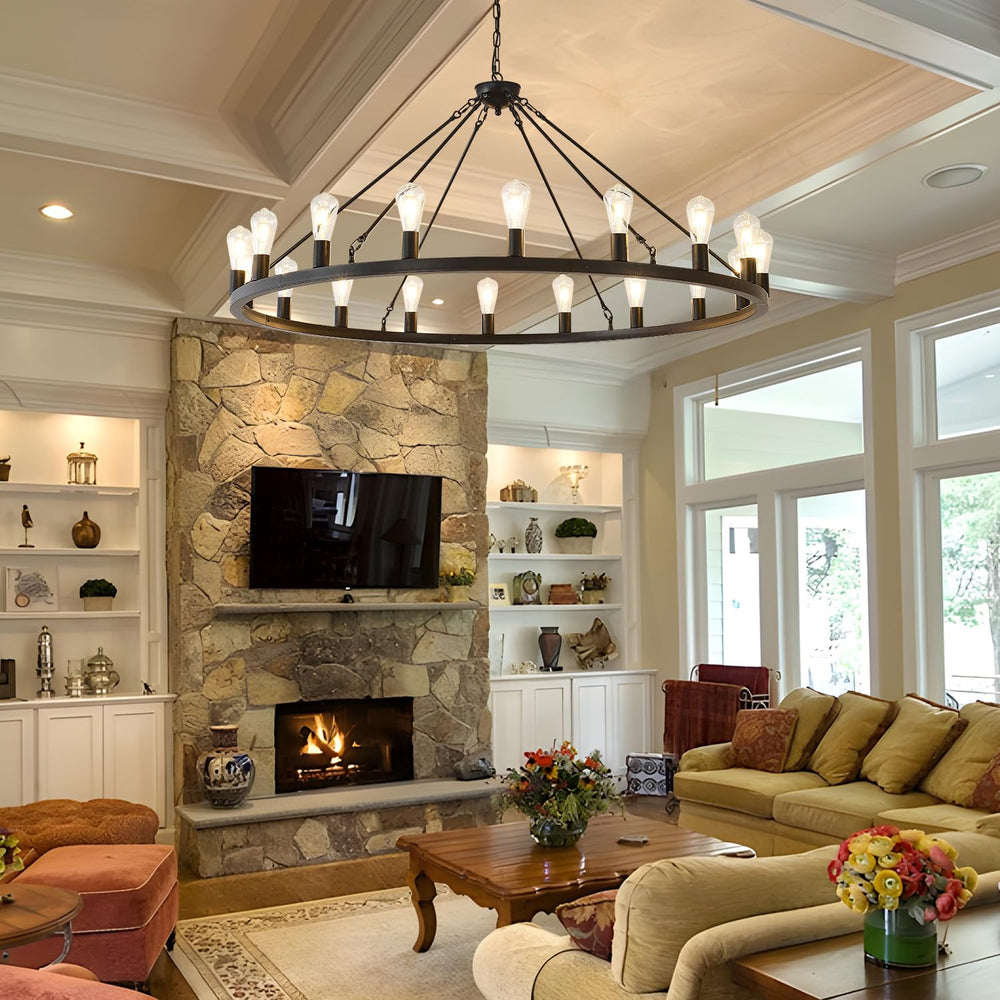 53” Black Large Wagon Wheel Chandelier - From Where - 