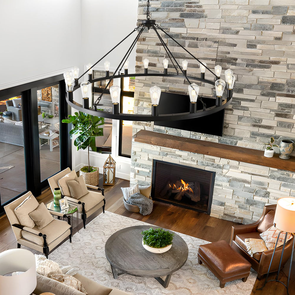53” Black Large Wagon Wheel Chandelier - From Where - 