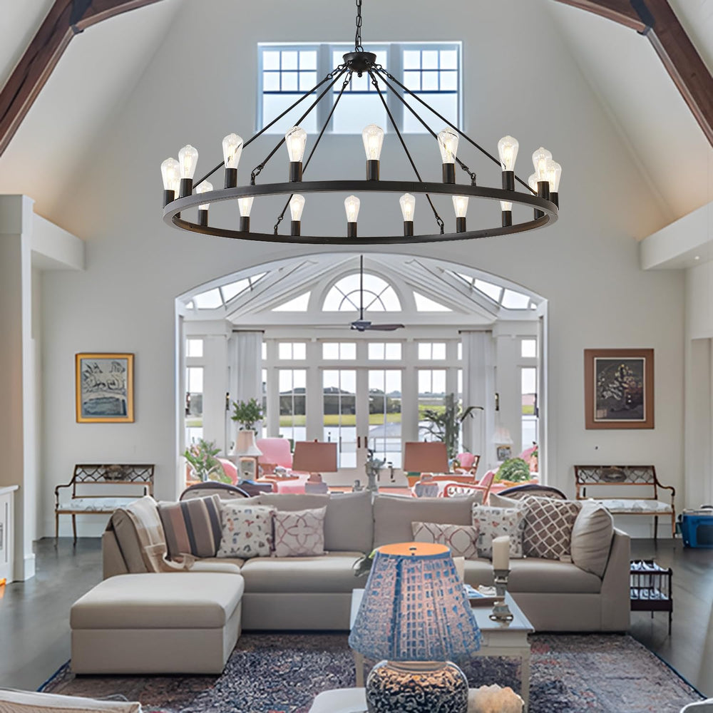 53” Black Large Wagon Wheel Chandelier - From Where - 