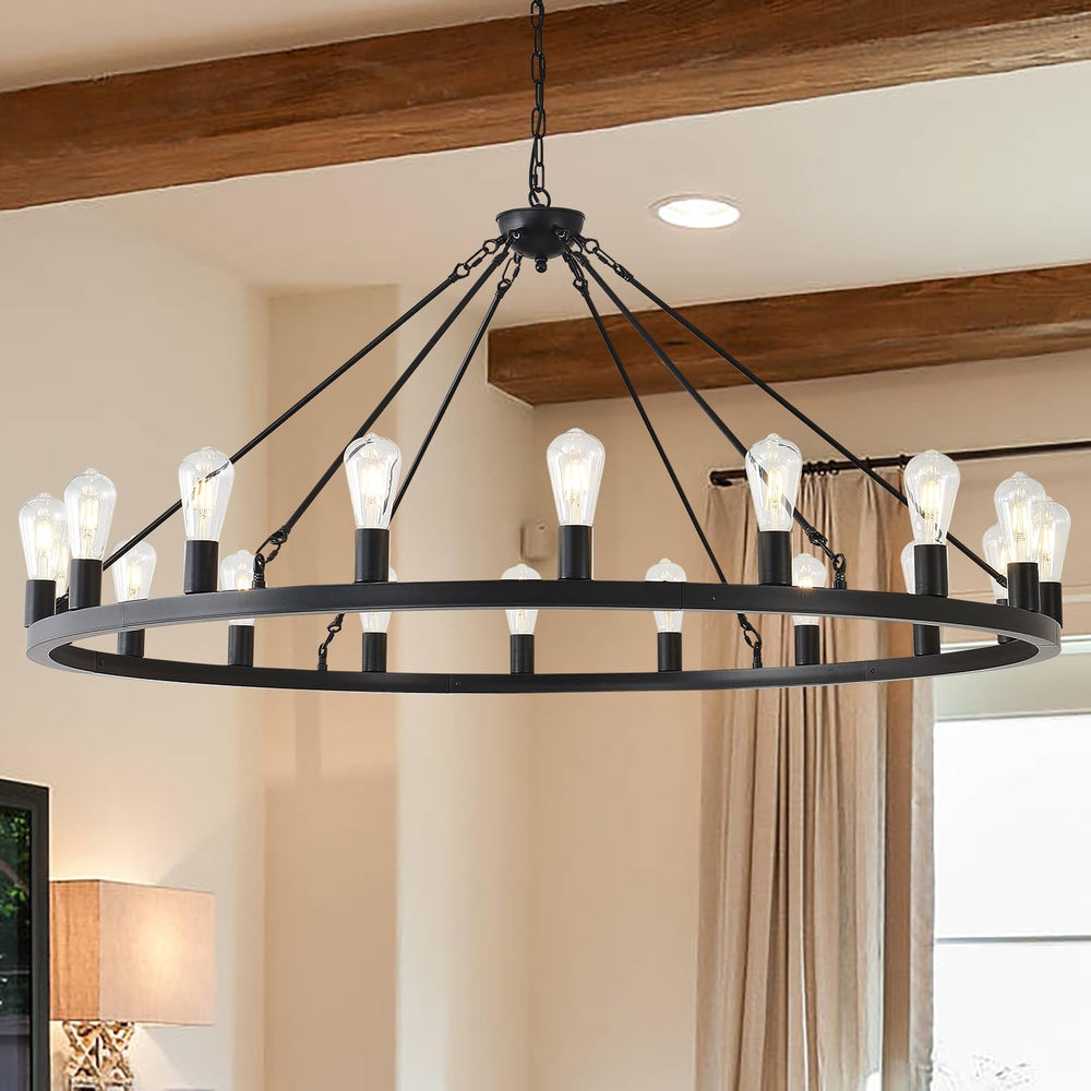 53” Black Large Wagon Wheel Chandelier - From Where - 