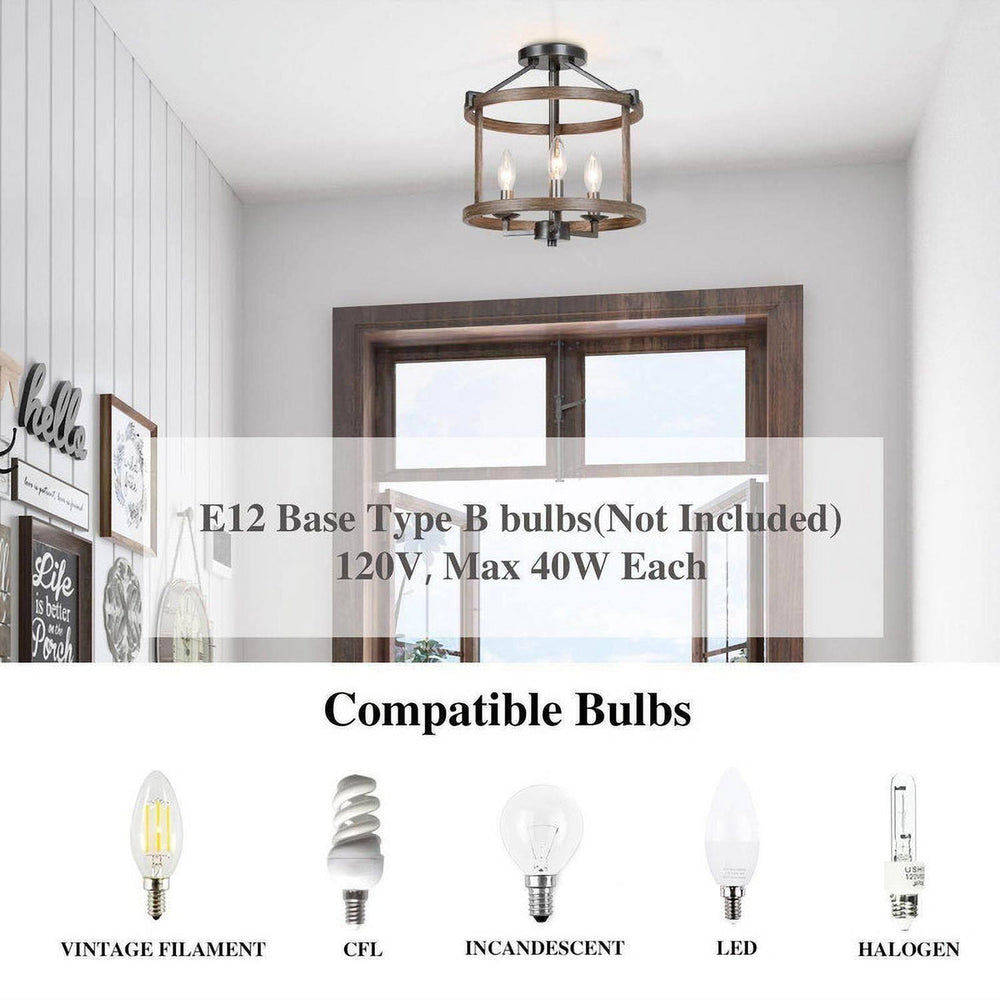 LNC Rustic Farmhouse 3-Light Semi-Flush Ceiling Light Distressed Wood