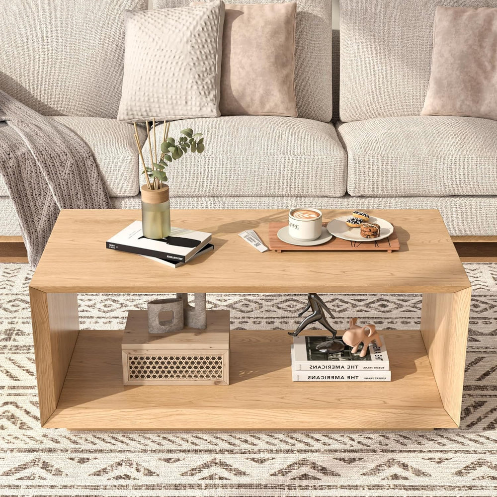 Coffee Table with Storage Shelf, Modern Rectangle Cocktail Table, Wood Center Table for Living Room (Wood)