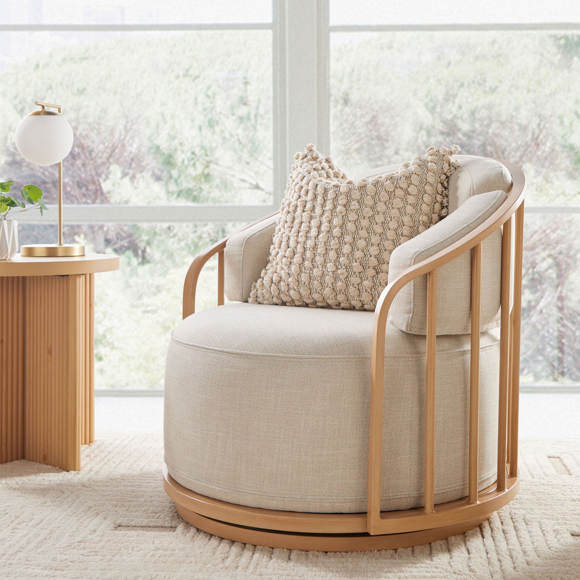 Free Shipping! Better Homes & Gardens Lillian Swivel Birdcage Accent Chair, Cream Linen, Natural Pine Finish