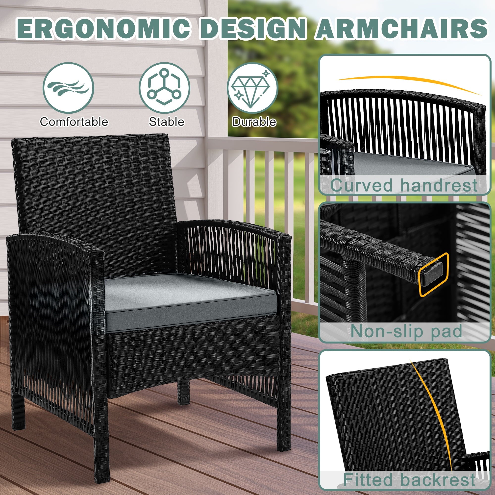 Outdoor Patio Conversation Set, Segmart 4 Pieces Rattan Sofa Set Cushioned Sofa & Charis, Deck Porch Poolside Furniture Table Set for 4, Gray