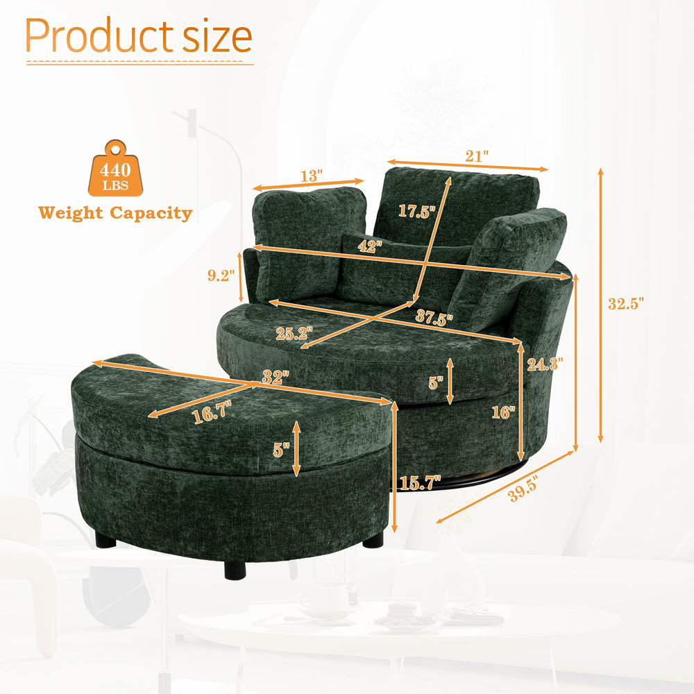 Lunale Oversized Swivel Barrel Accent Chair with Storage Ottoman Green Chenille