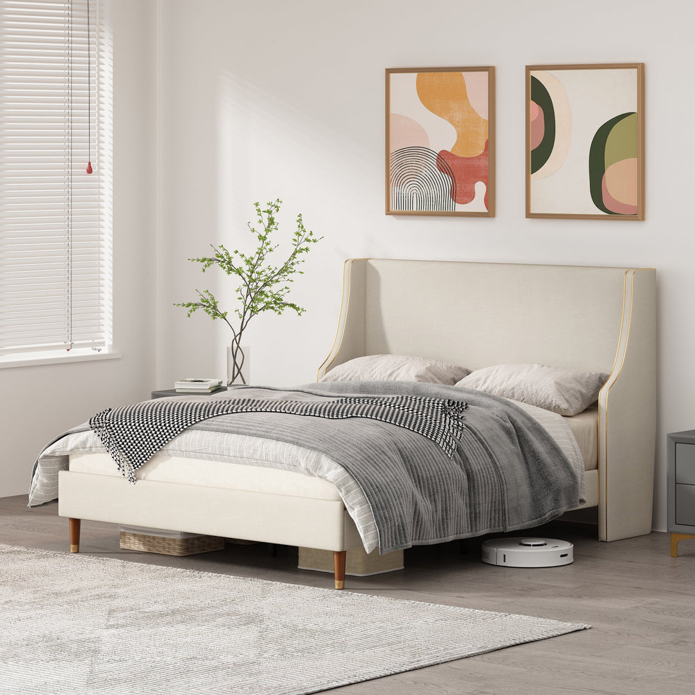 Queen Size Bed Frame, Platform Bed Frame with Upholstered Headboard, Modern Deluxe Wingback, Wood Slat Support, Mattress Foundation