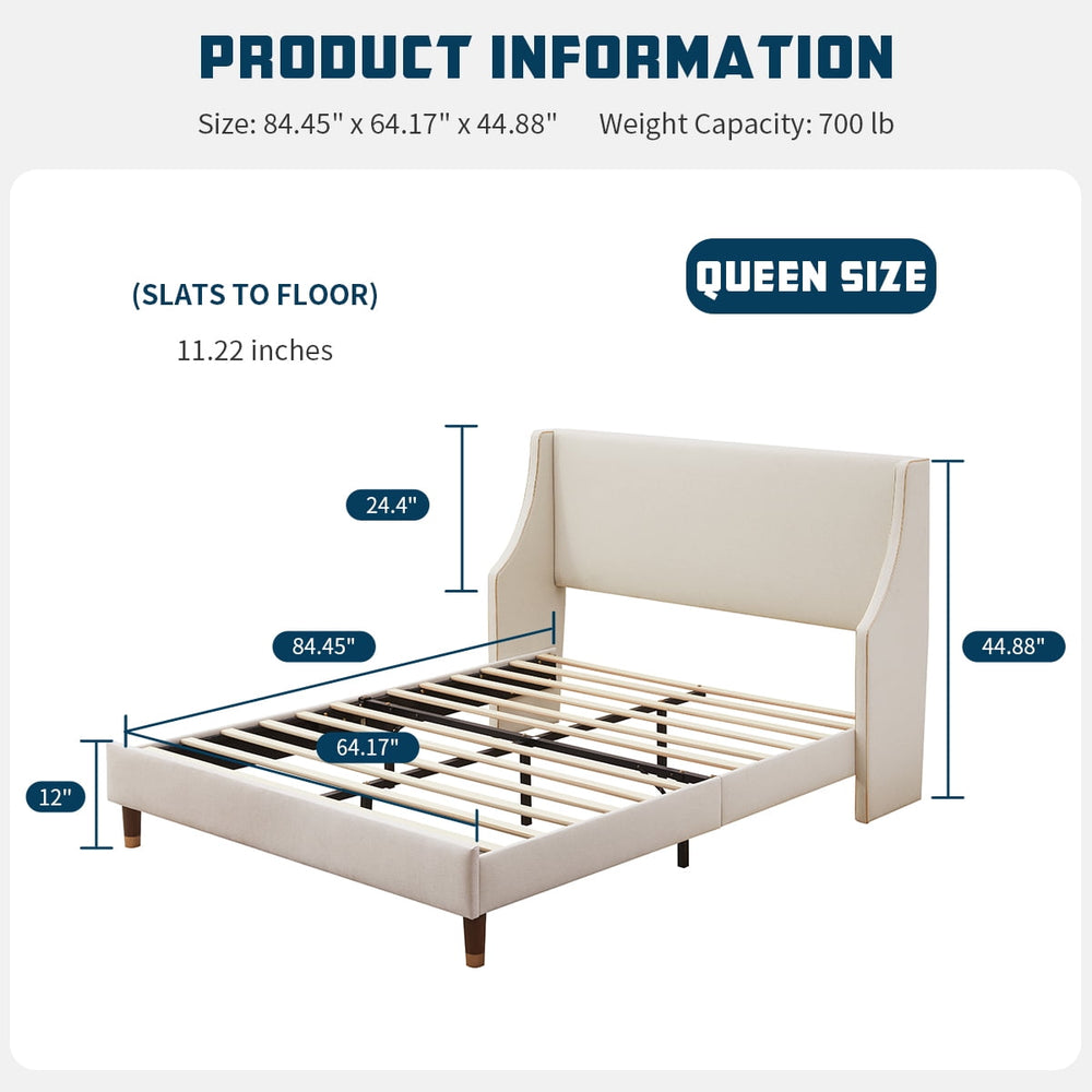 Queen Size Bed Frame, Platform Bed Frame with Upholstered Headboard, Modern Deluxe Wingback, Wood Slat Support, Mattress Foundation