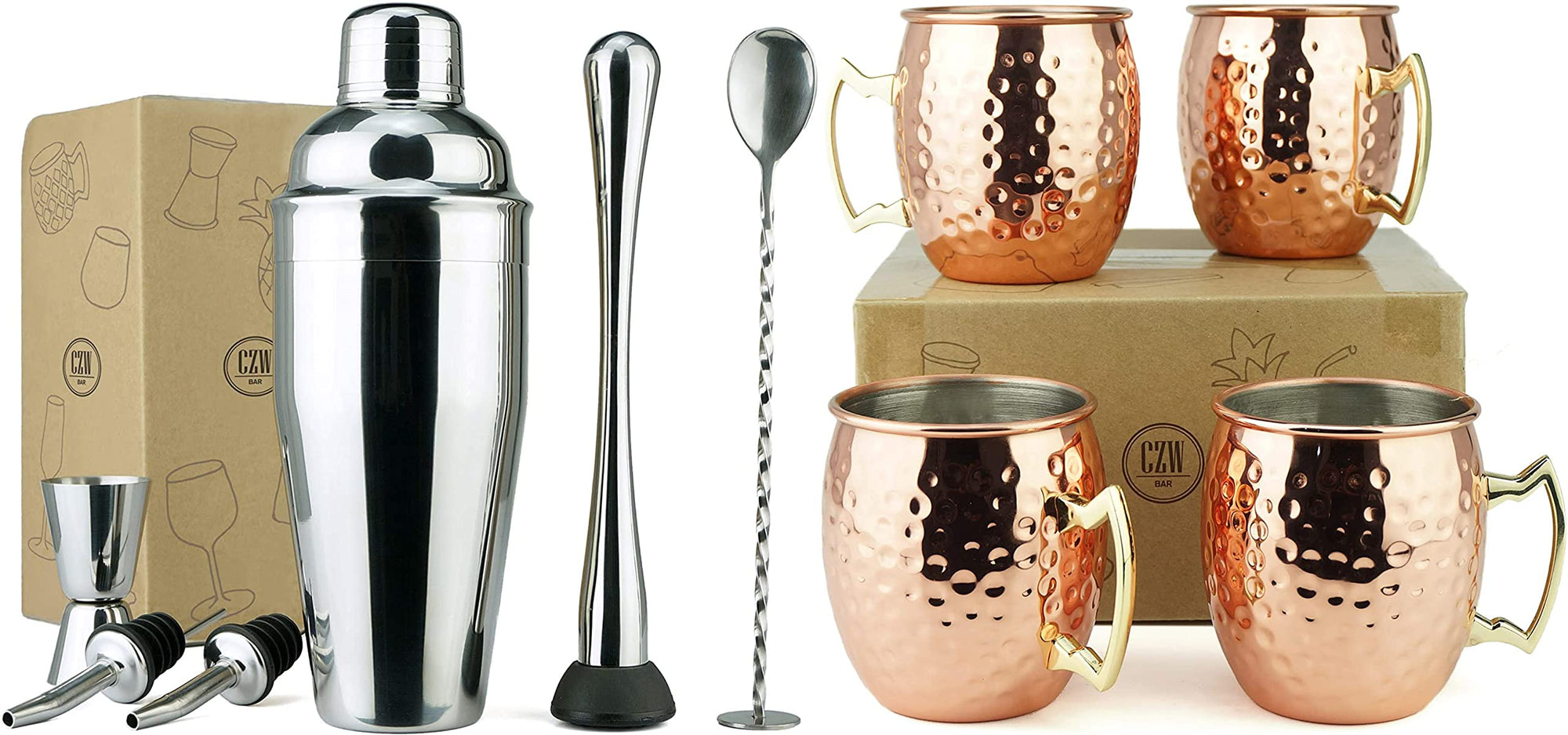 6pcs Cocktail Stainless Steel Shaker Set with Set of 4 Moscow Mule Hammered Cups - From Where - 