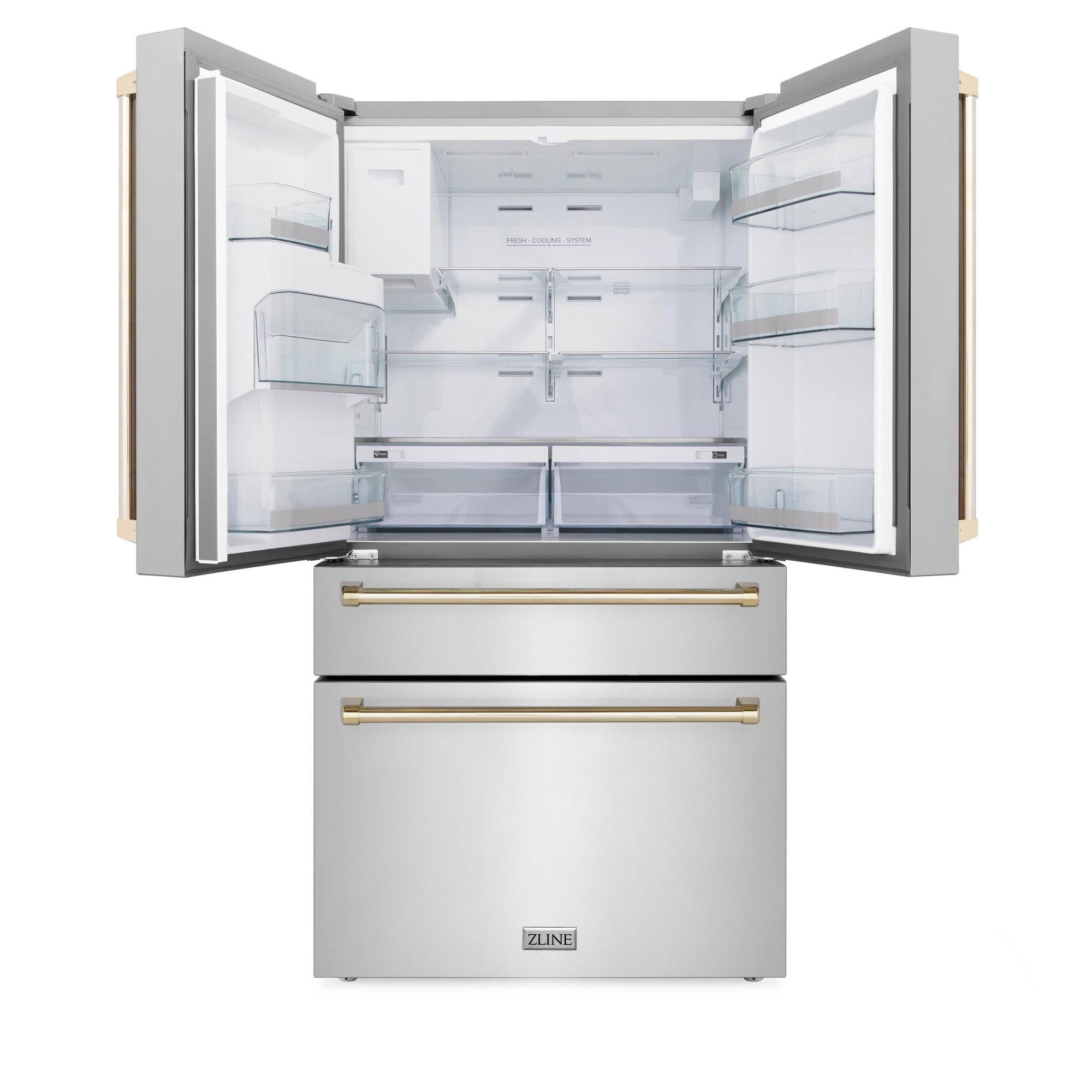 ZLINE 36&quot; Autograph Edition 21.6 cu. ft Freestanding French Door Refrigerator with Water and Ice Dispenser in Fingerprint Resistant Stainless Steel with Gold Accents (RFMZ-36-G)