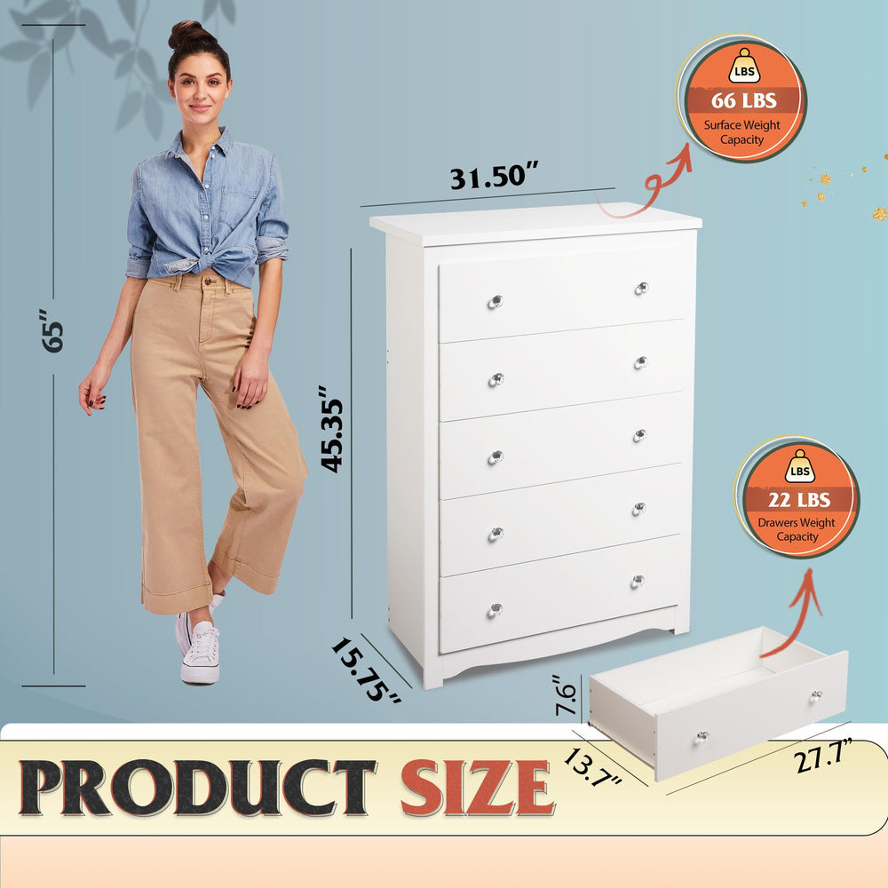 WLIVE White 5 Drawer Wood Dresser