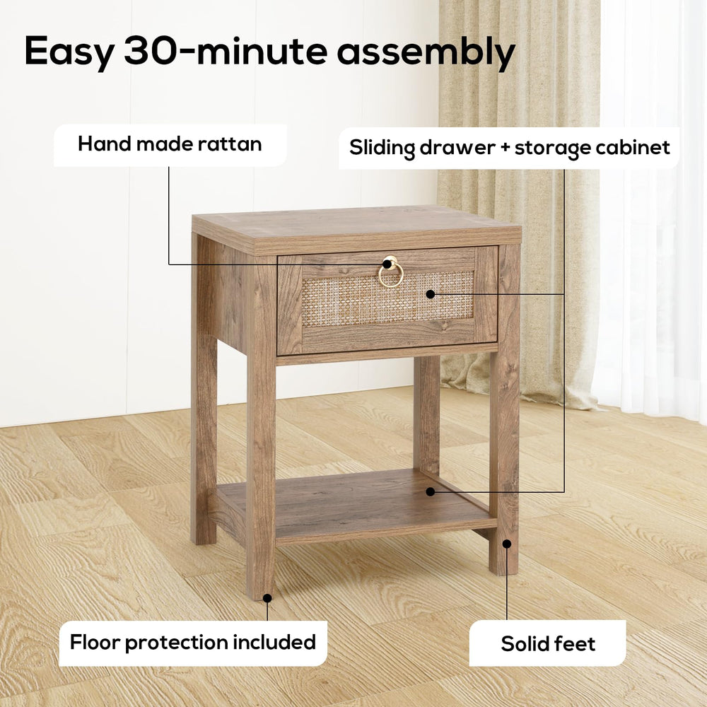 Farmhouse Rattan Nightstand Set of 2