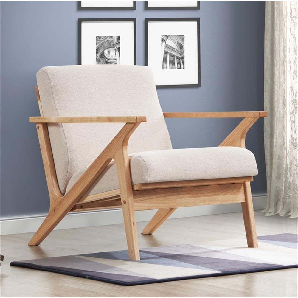 Pemberly Row Solid Wood and Fabric Upholstered Accent Armchair in Beige/Oak
