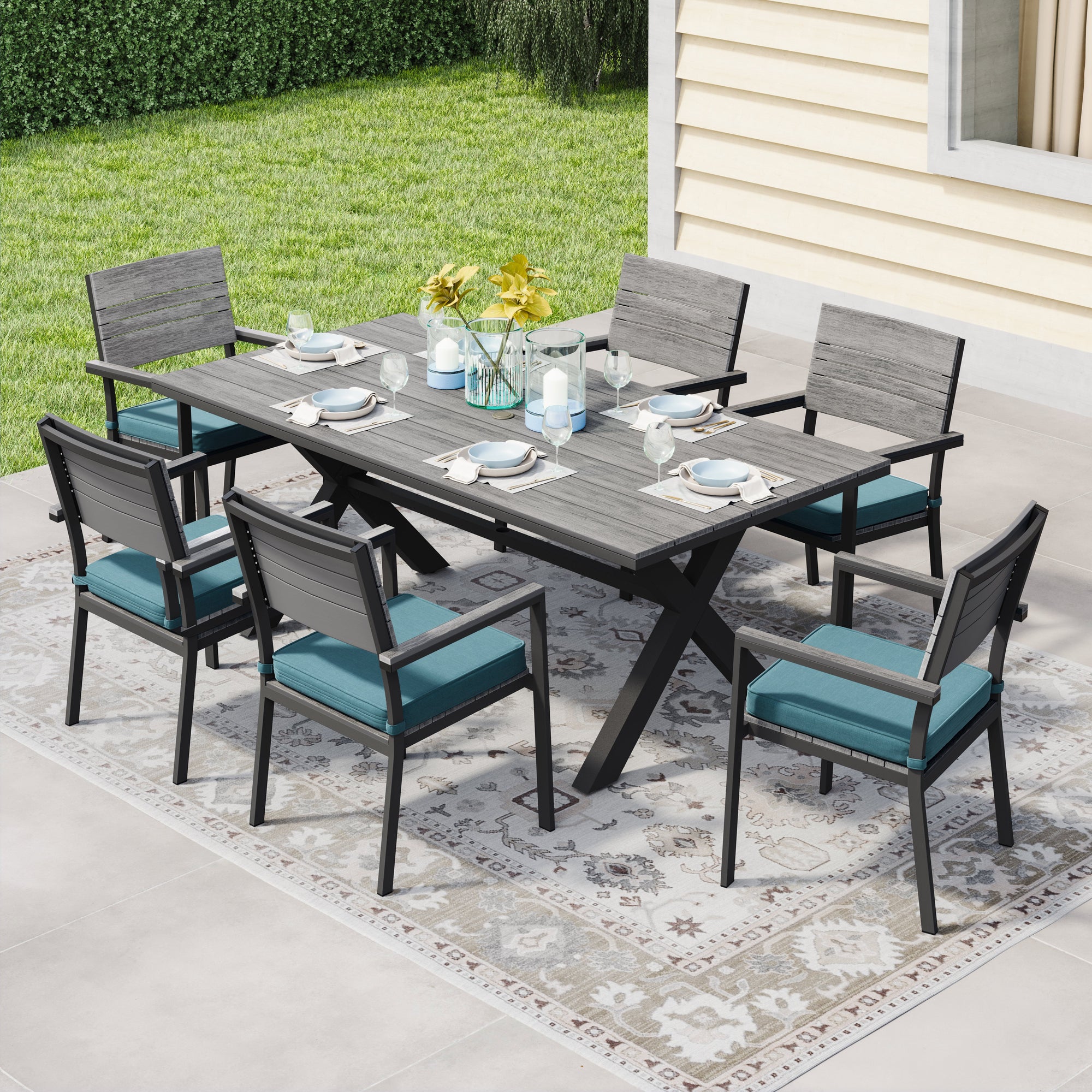 78.74" Long Aluminum Outdoor Dining Set with Cushions - From Where - 