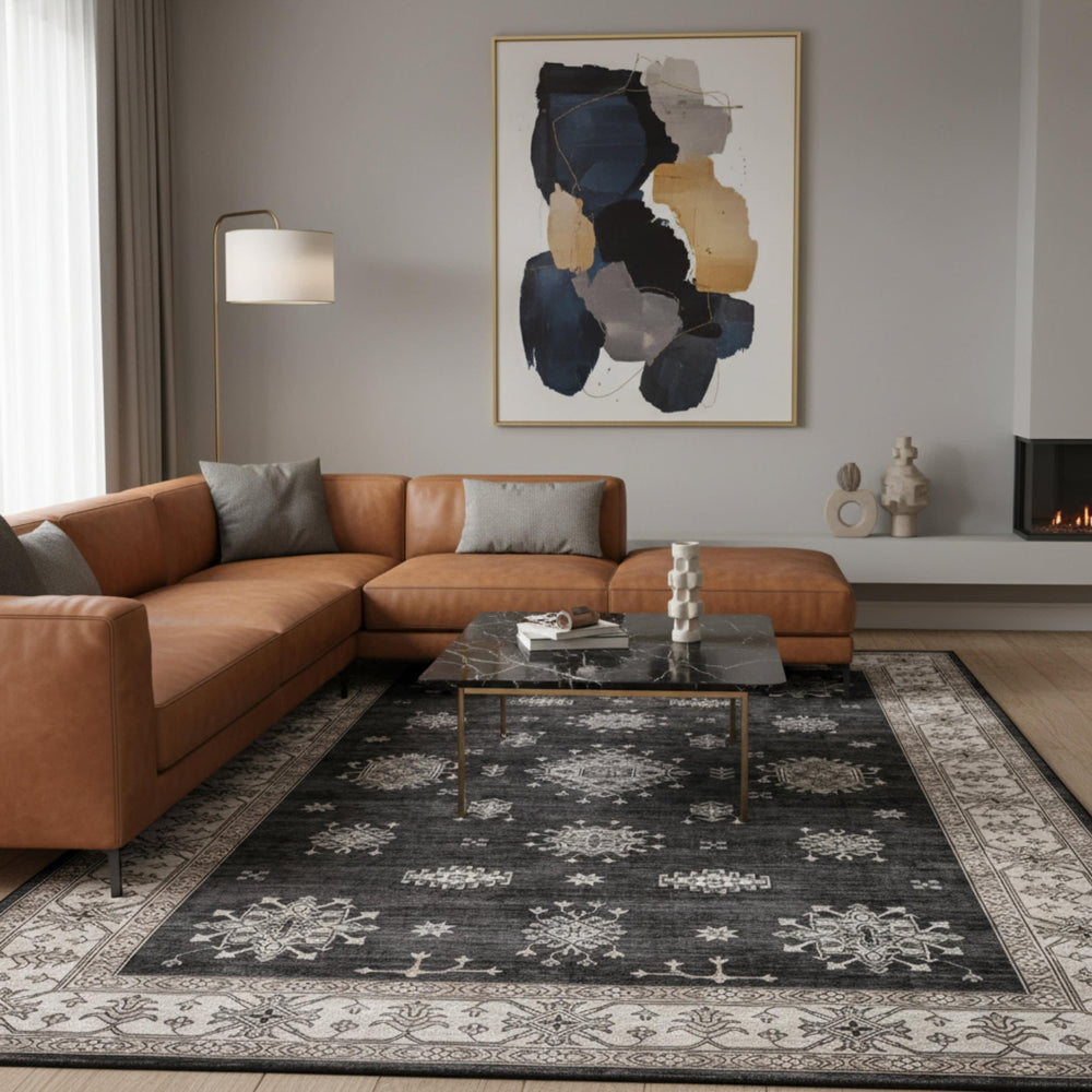 Andrea Bordered Spill Proof Washable Rug | Charcoal