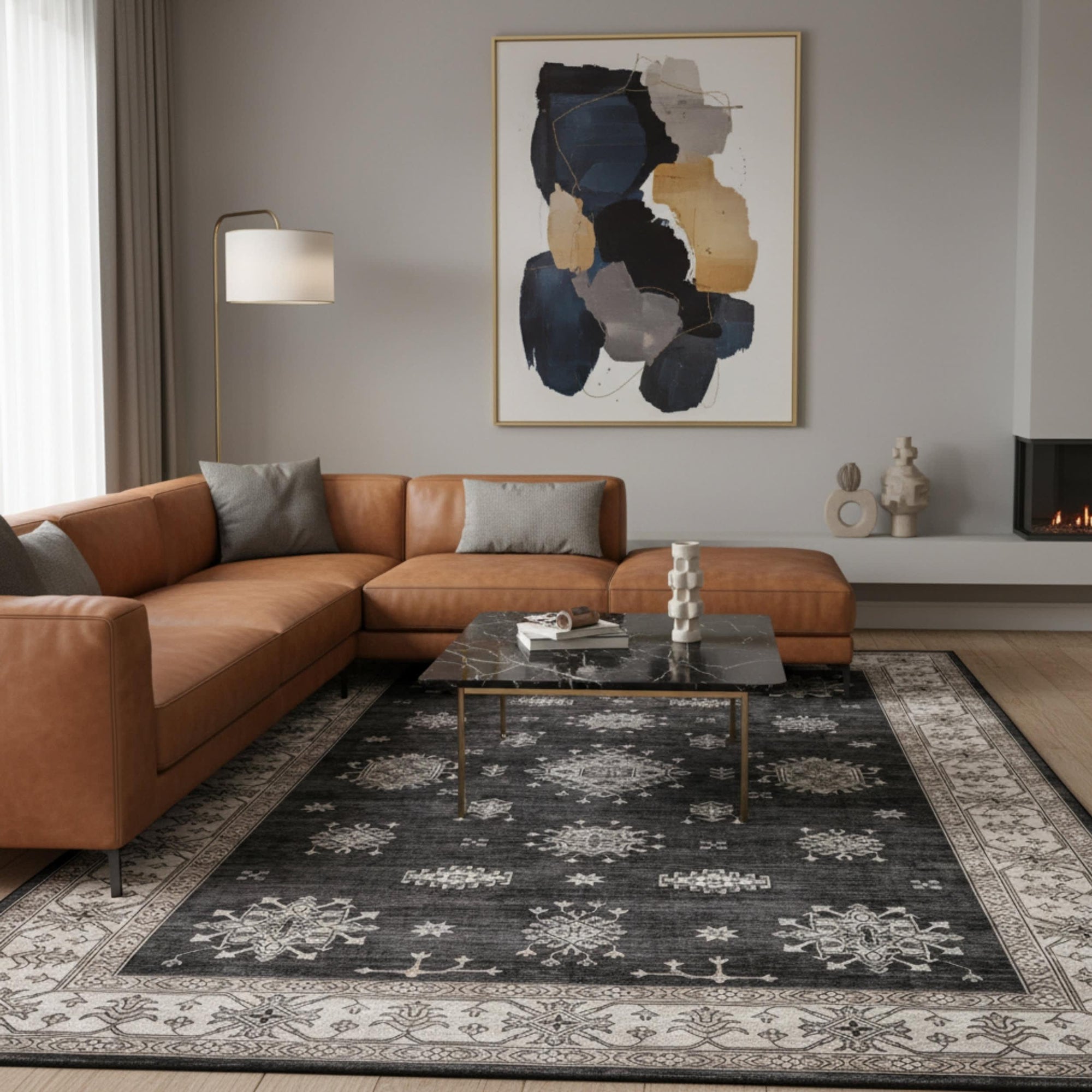 Andrea Bordered Spill Proof Washable Rug | Charcoal