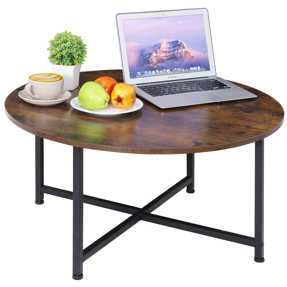 HomGarden 31.5-Inch Industrial Round Coffee Table with X-Base Metal Legs, Sofa Side Table Retro Cocktail Table for Home Office, Living Room, Rustic Brown