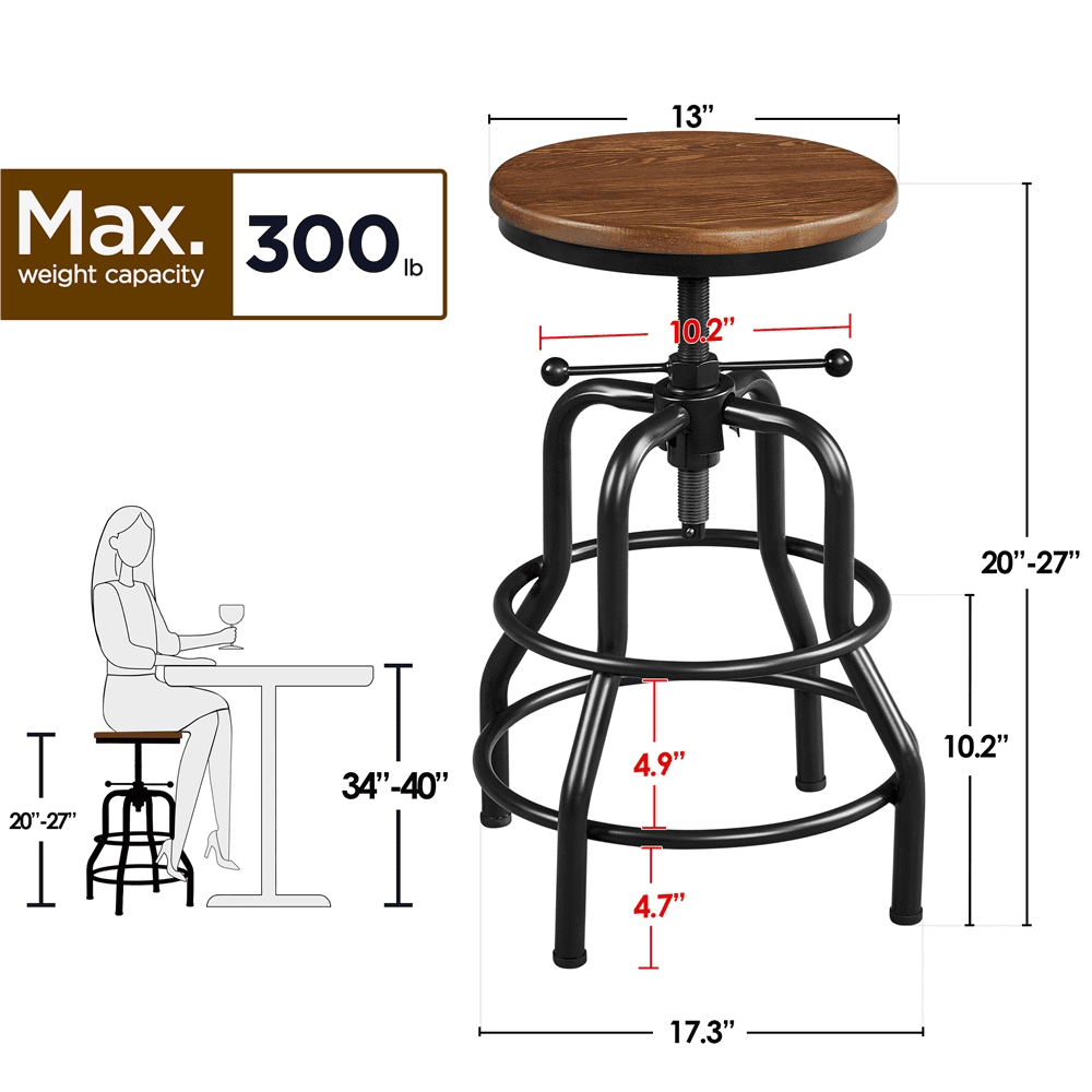 Alden Design 2pcs Vintage Metal Industrial Bar Stool Counter Height for Kitchen Bar, Brown