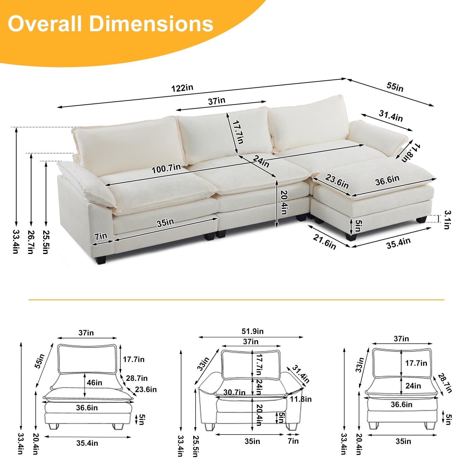 Ktaxon 120&quot; W Sectional Sofa L Shaped Couch with Chaise Living Room Sleeper Set, 3 Seats with Chenille and Double Layer Cushions Beige