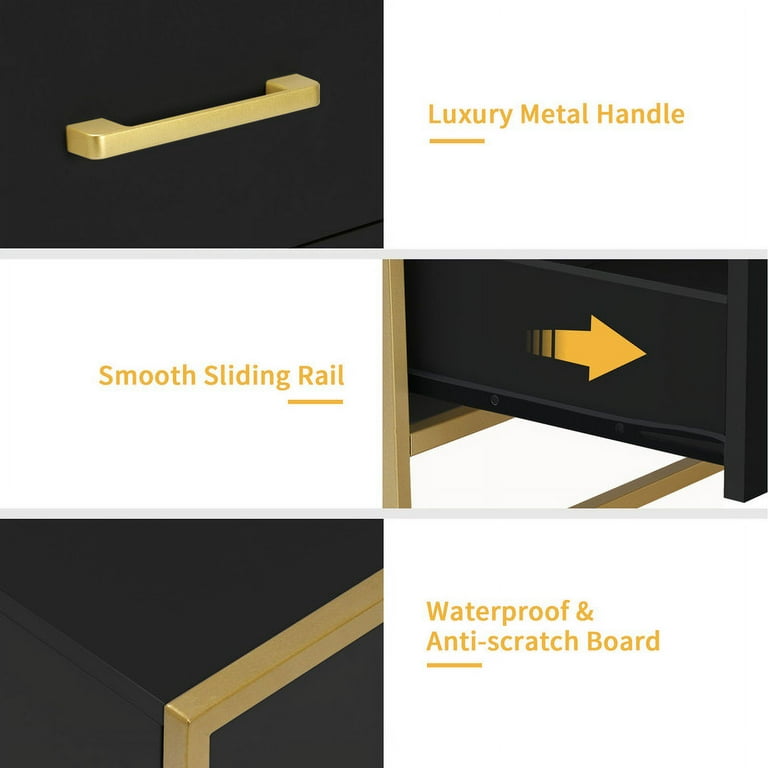 DWVO Modern Nightstand End Side Table with 2 Drawers and Metal Frame for Bedroom Living Room, Black and Gold
