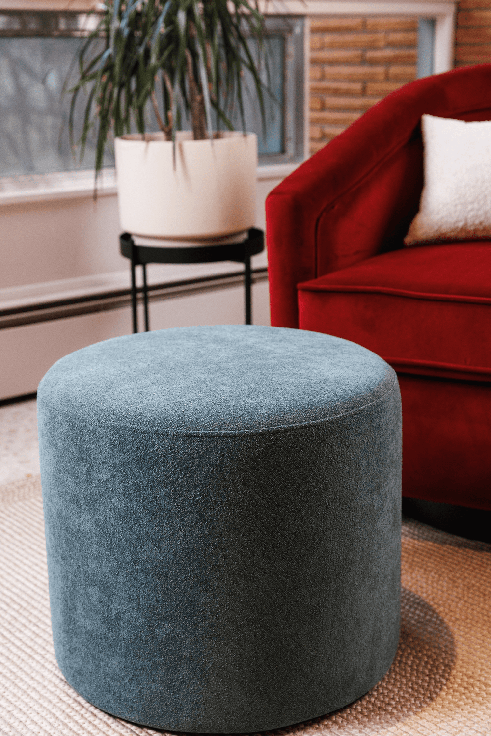 Wovenbyrd Round Pouf Ottoman with Foam Core Charcoal Wool Casual Boucle