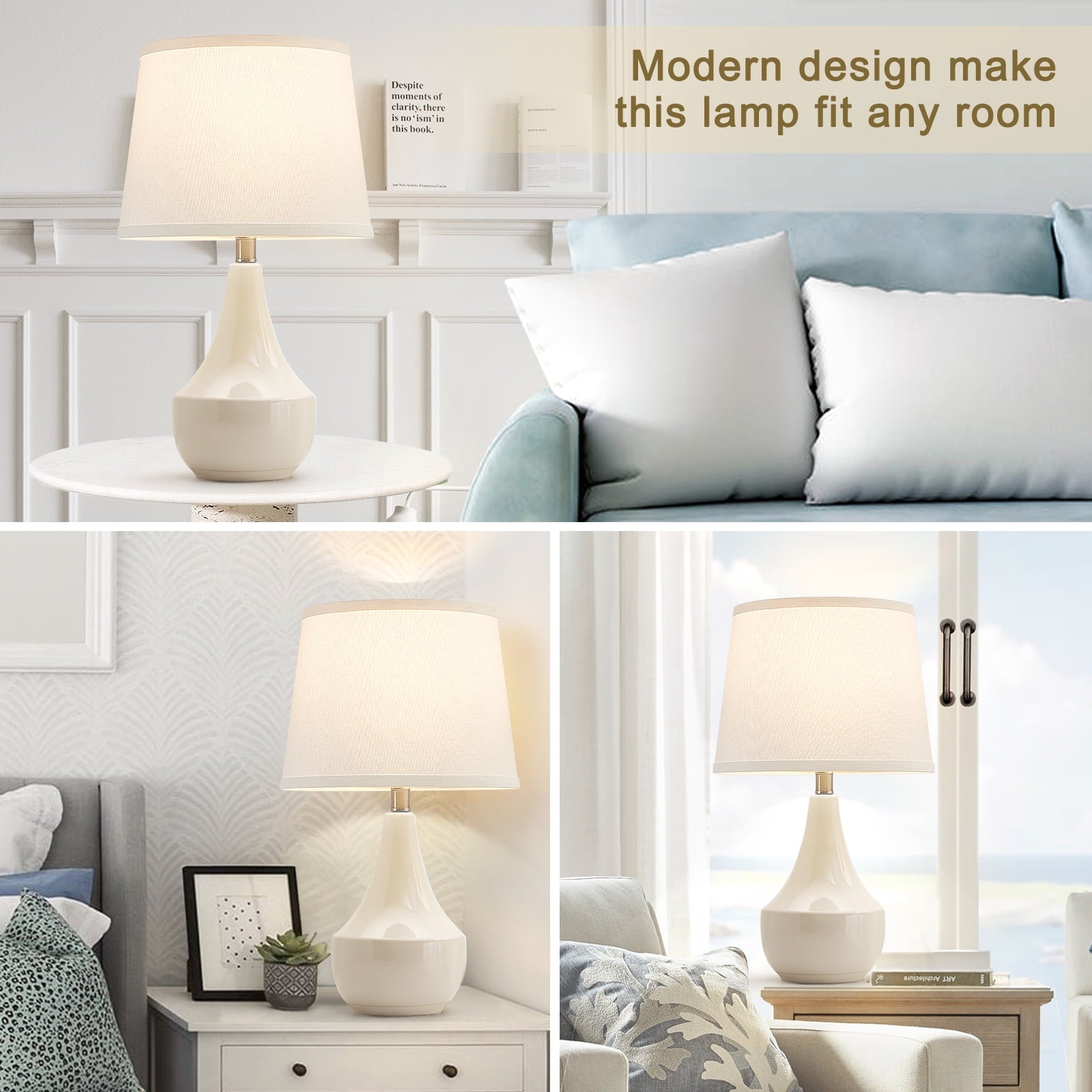 NATYSWAN Table Lamp Set of 2, 18.63in Ceramic Table Lamp Classic Beside Lamps Nightstand Lamp Modern Table Lamp for Living Room, Bedroom & Office Rocker Swtich Cream-LED Bulbs Included