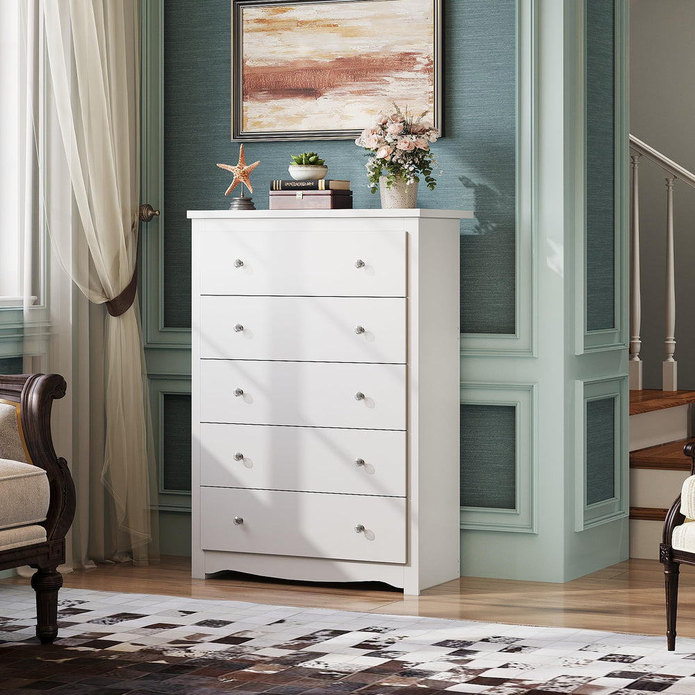 WLIVE White 5 Drawer Wood Dresser