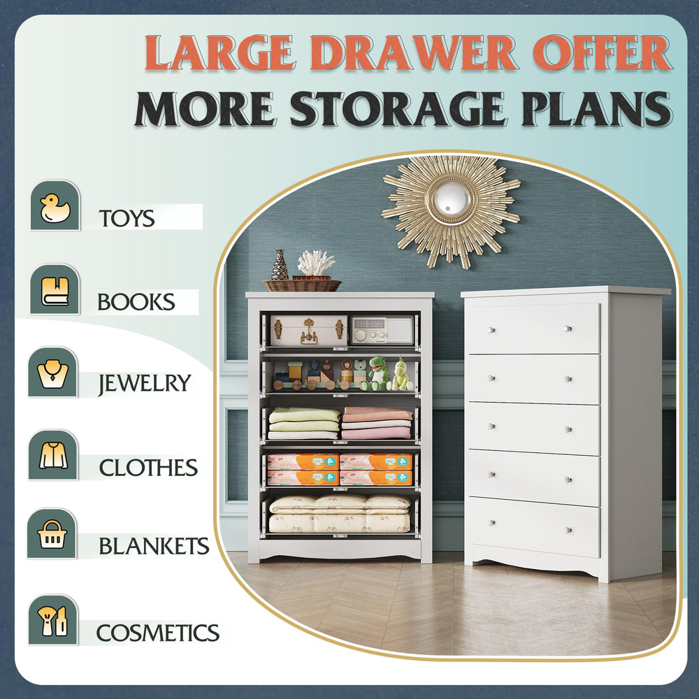 WLIVE White 5 Drawer Wood Dresser