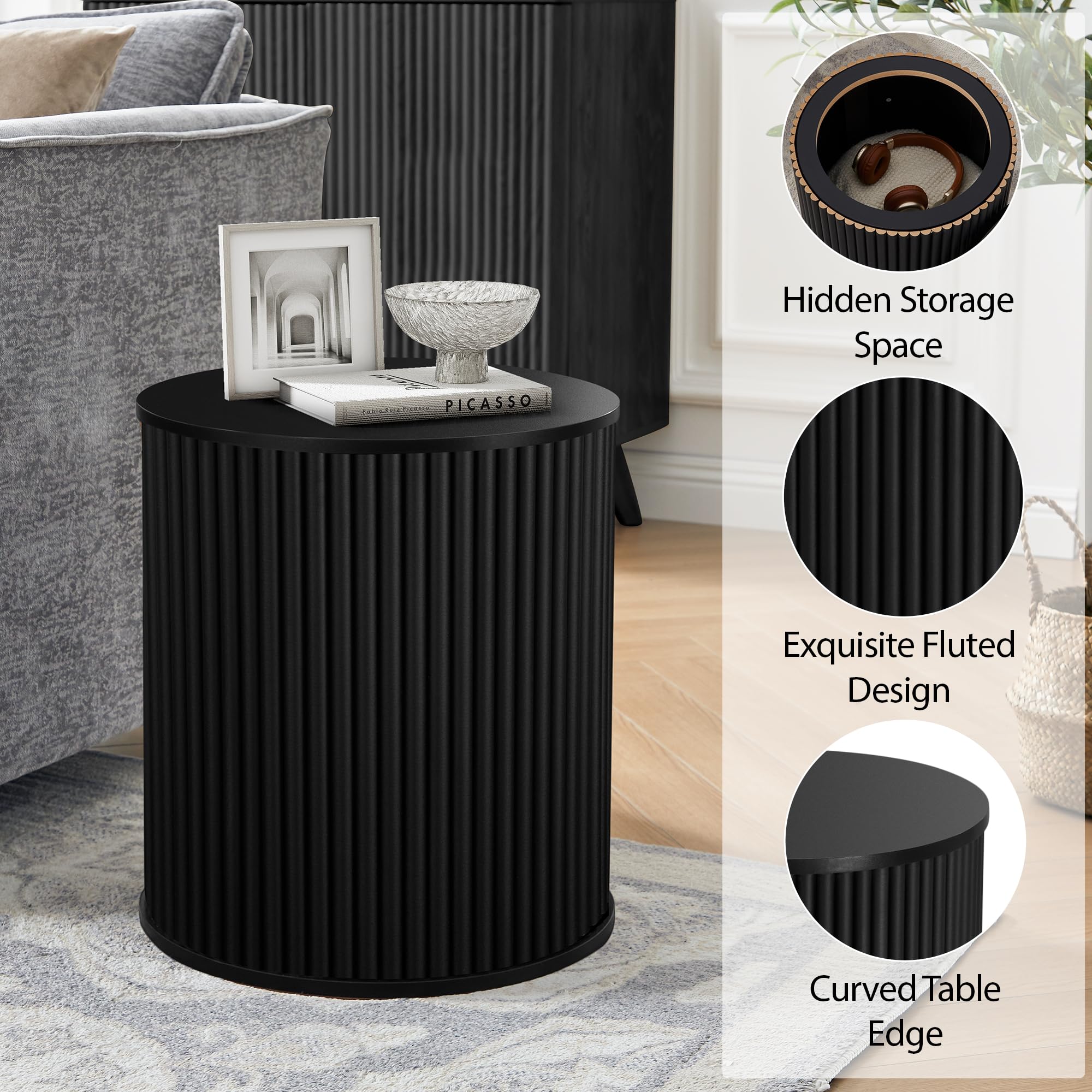 Fluted Round Side Table with Storage