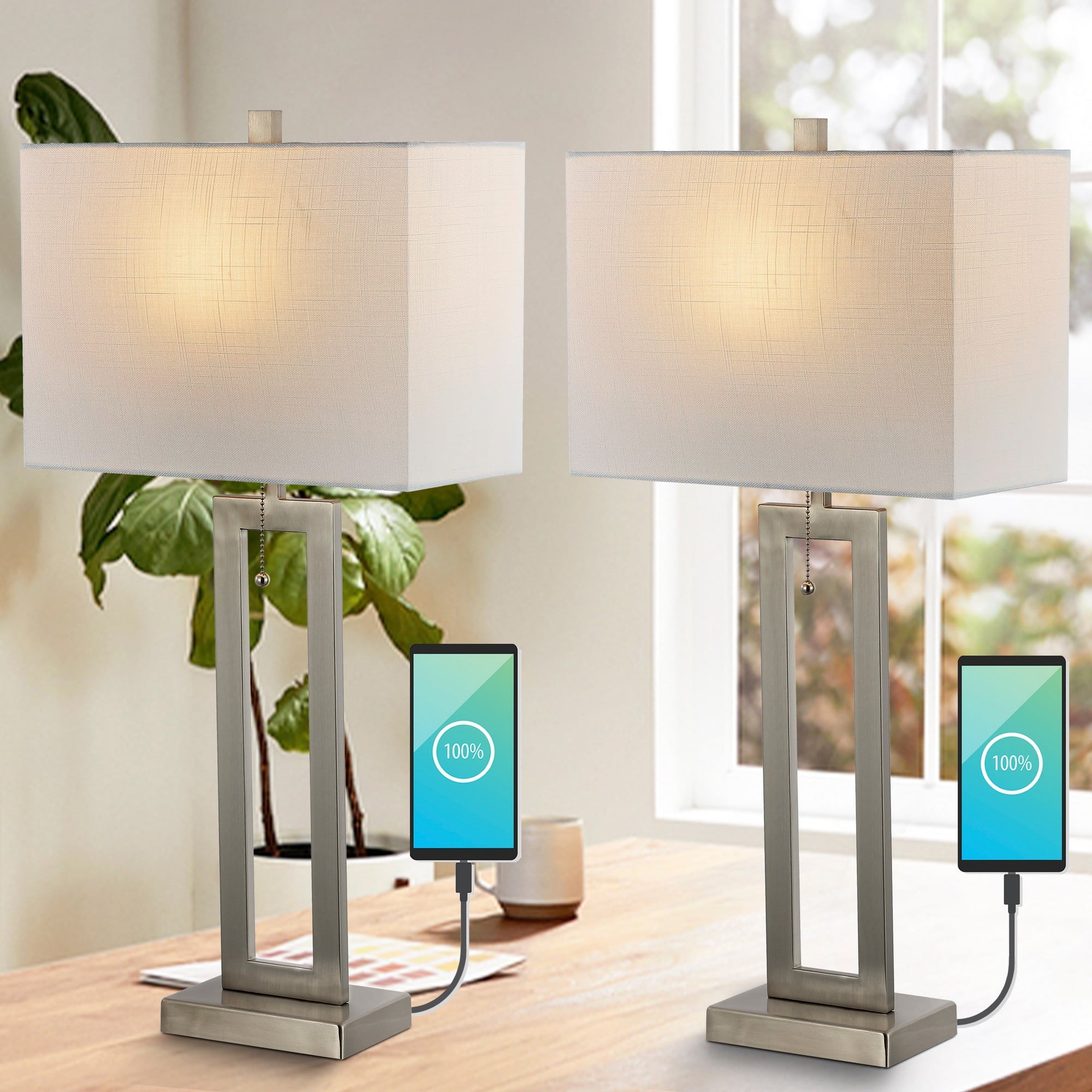 JONATHAN Y Sabrina 28.5" Vintage Industrial Iron LED Table Lamp with Pull-Chain and USB Charging Port, Nickel (Set of 2)