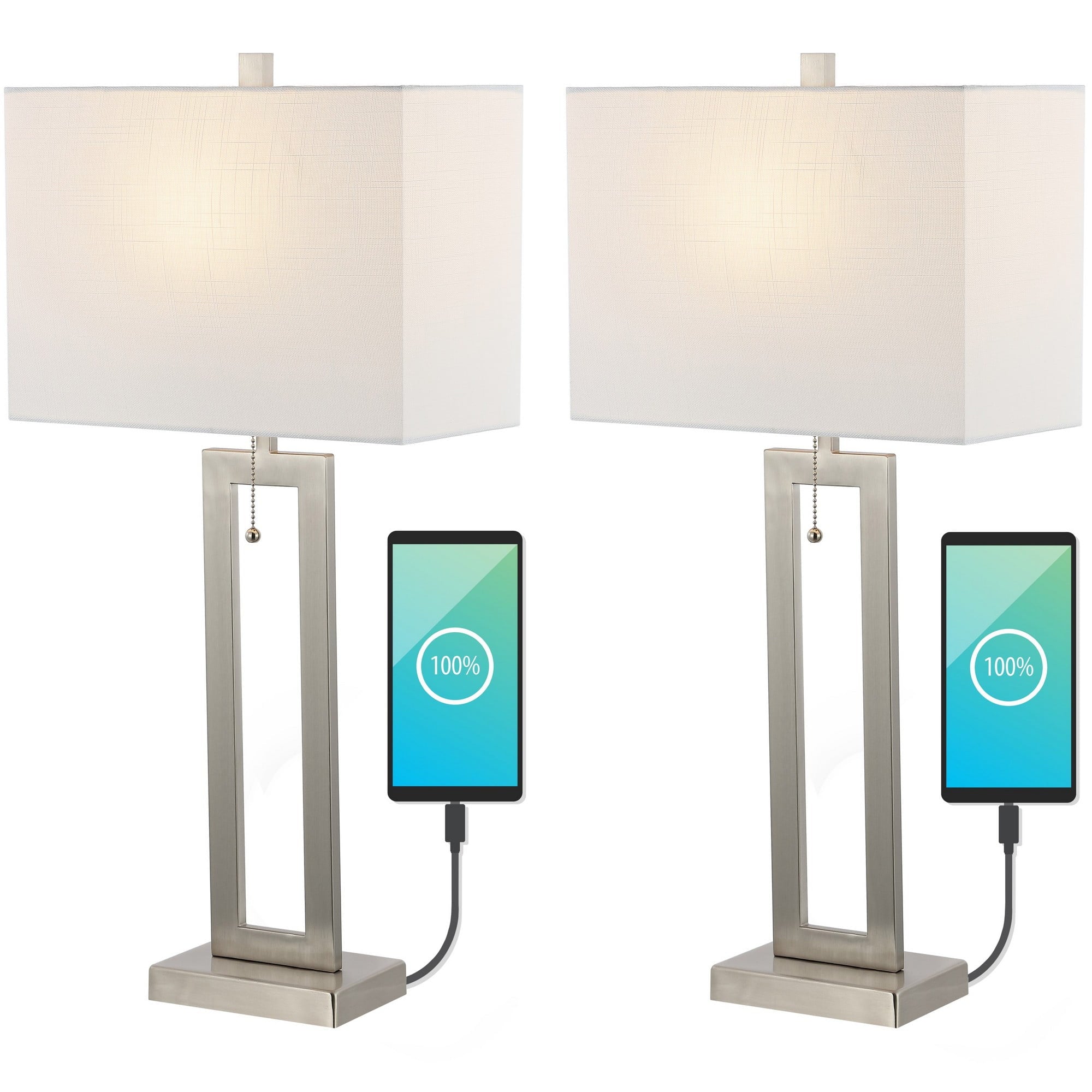 JONATHAN Y Sabrina 28.5" Vintage Industrial Iron LED Table Lamp with Pull-Chain and USB Charging Port, Nickel (Set of 2)